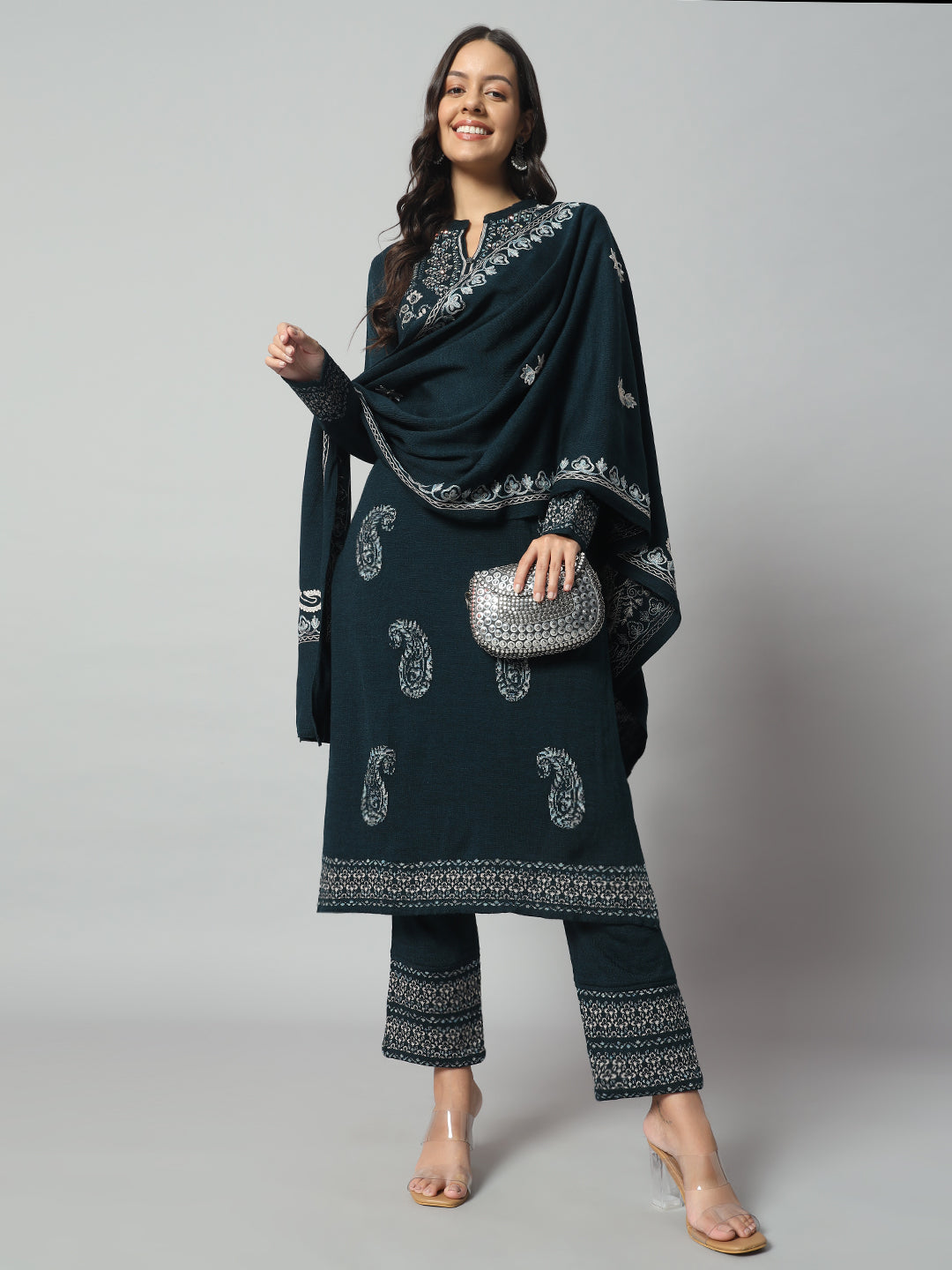 Clapton Pure Wool Winter Wear Embroidered Straight Kurta Pant With Dupatta Set Green
