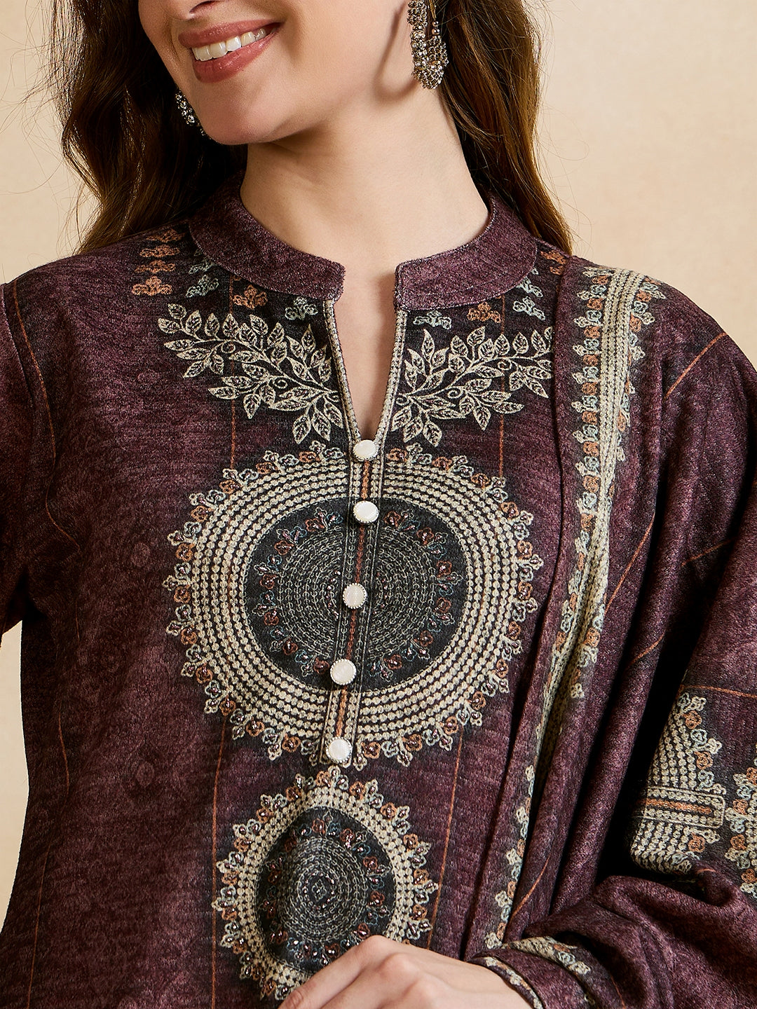 Clapton Printed Work Straight Kurta Pant With Dupatta Set Maroon