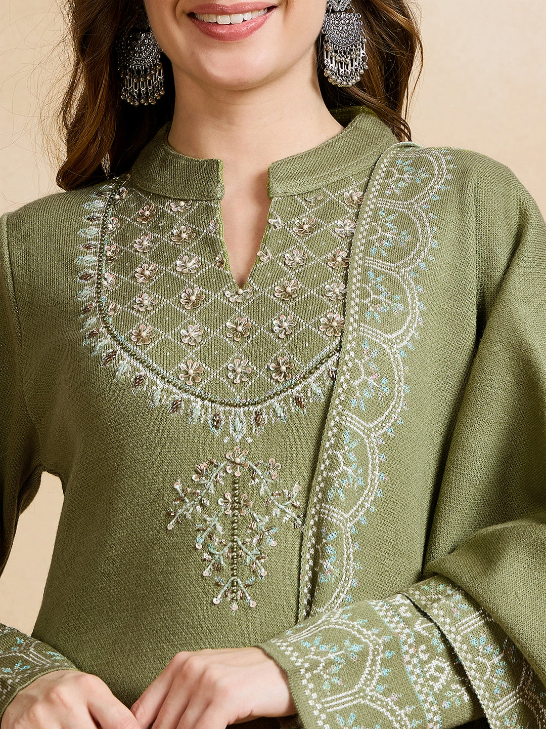 Clapton Embroidered Straight Kurta Pant With Dupatta Set Green