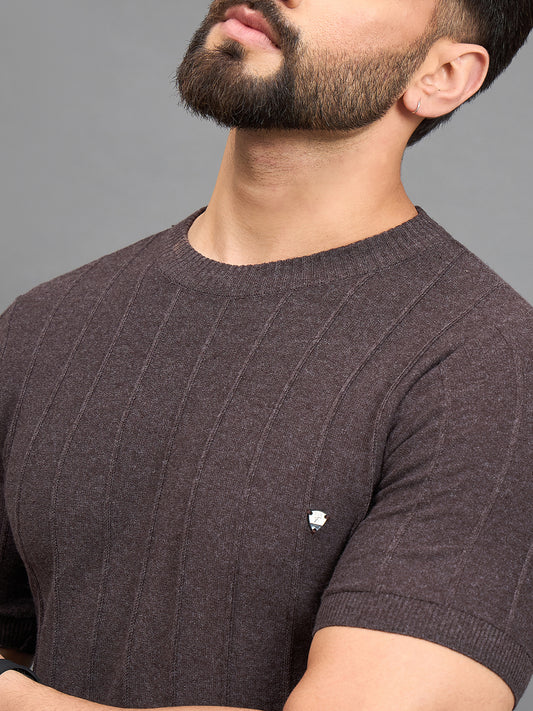 CLAPTON Men Knitted Round Neck T-shirt Brown