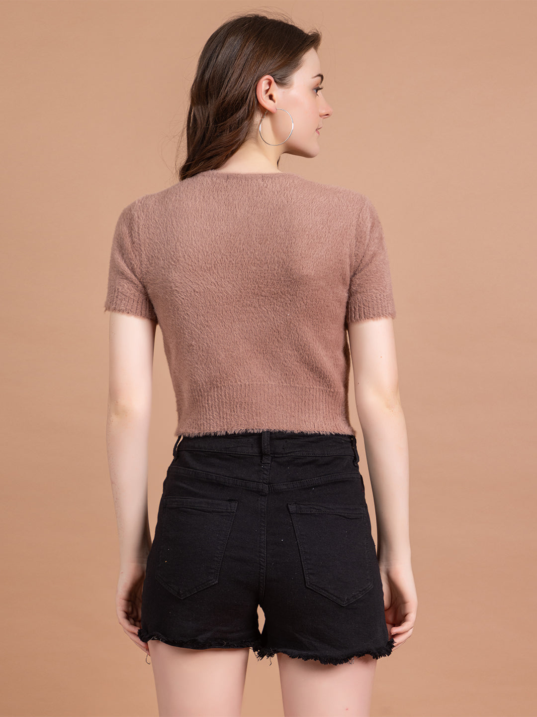 Clapton Short-Sleeve Fuzzy Knit Crop Top Pullover Blouse Top for Women Girls Pink