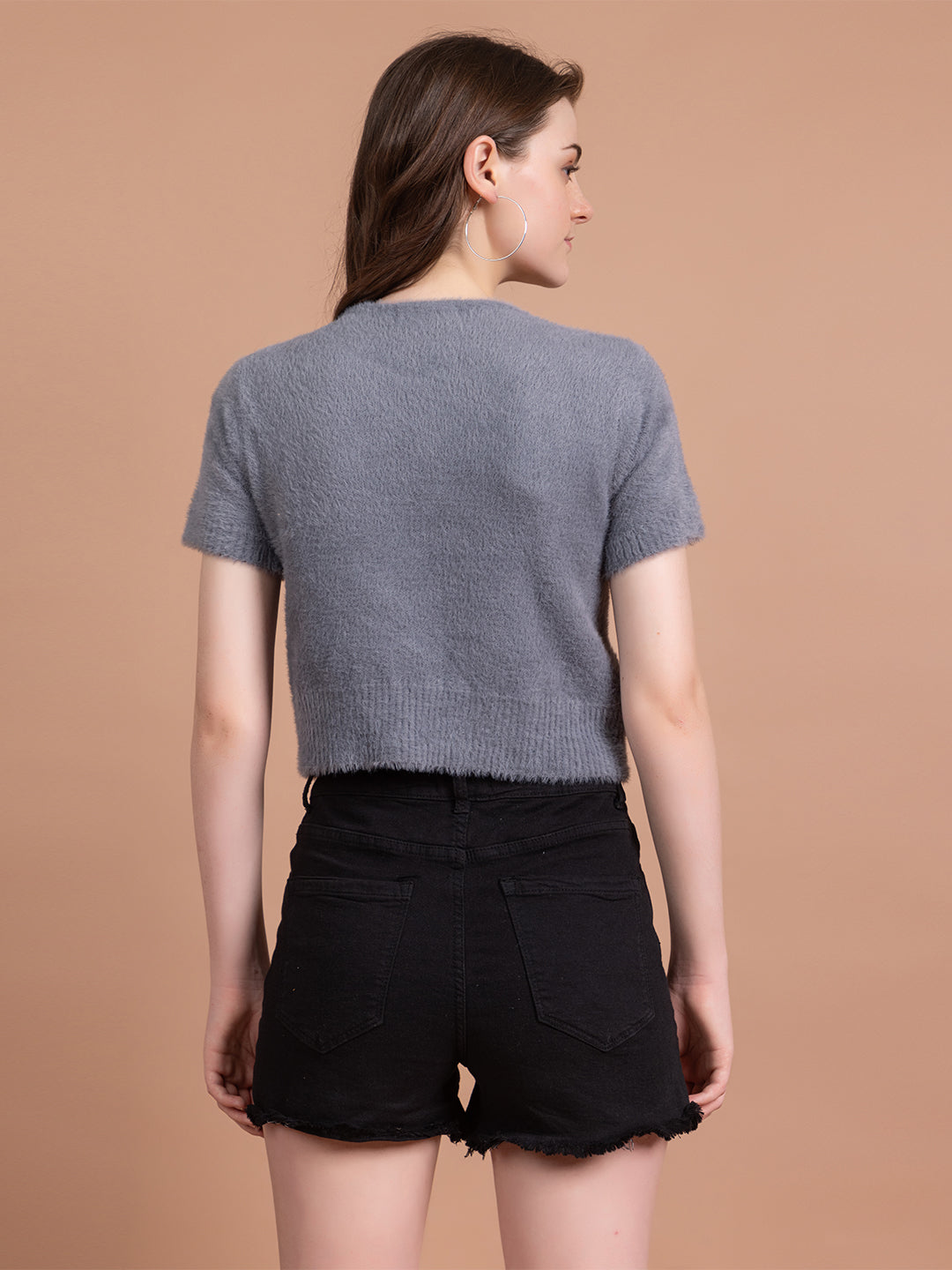 Clapton Short-Sleeve Fuzzy Knit Crop Top Pullover Blouse Top for Women Girls Grey