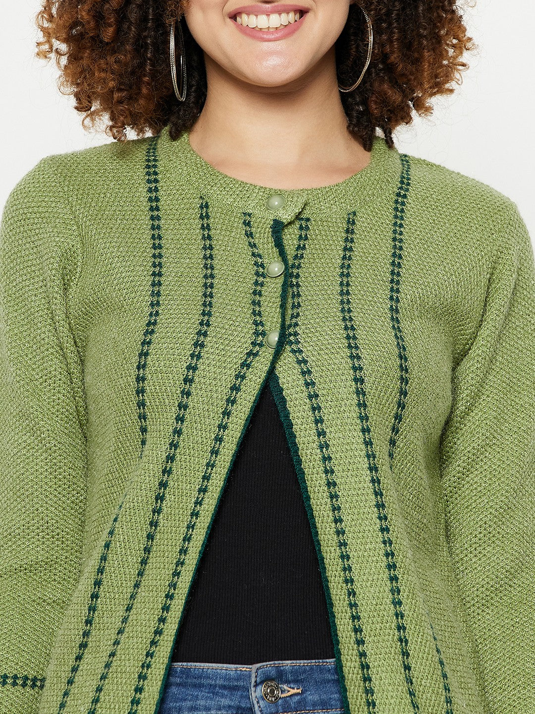 Wool Blend Round Neck Green Long Shrug