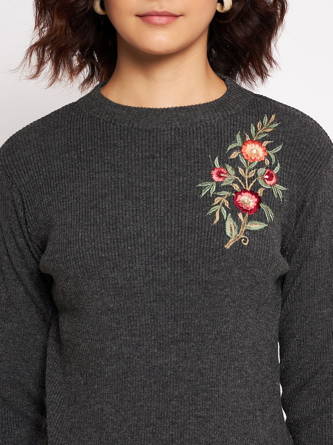 Wool Blend Round Neck Grey Top With Embroidery