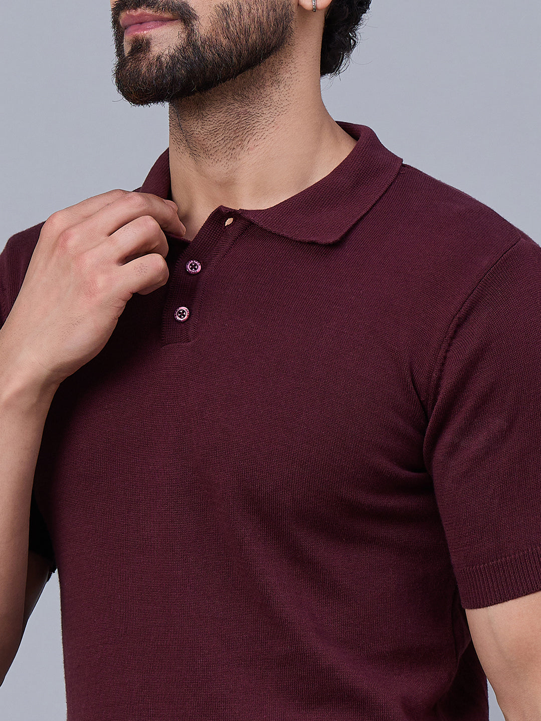 Men's Maroon Knitted Polo T-shirt
