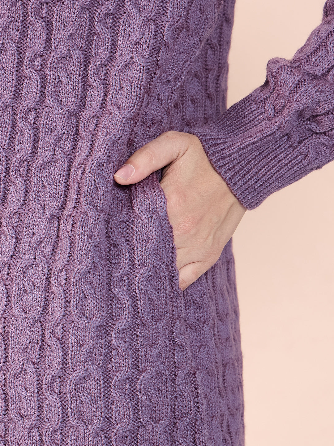 Clapton High Neck Cable Knitted Woolen Dress Mauve