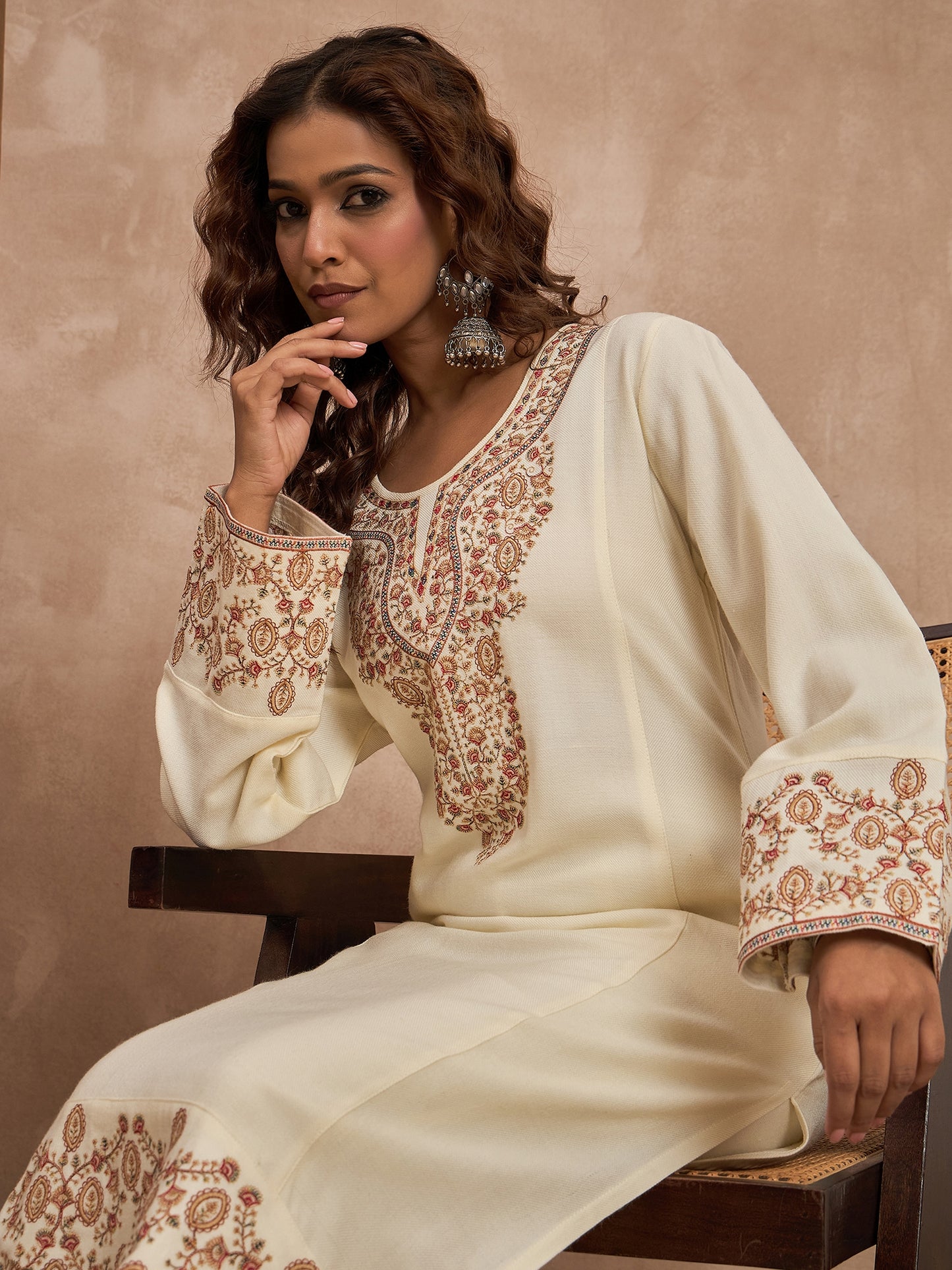 Woolen Embroidered 2-piece winter wear Kurti & Pant Set White