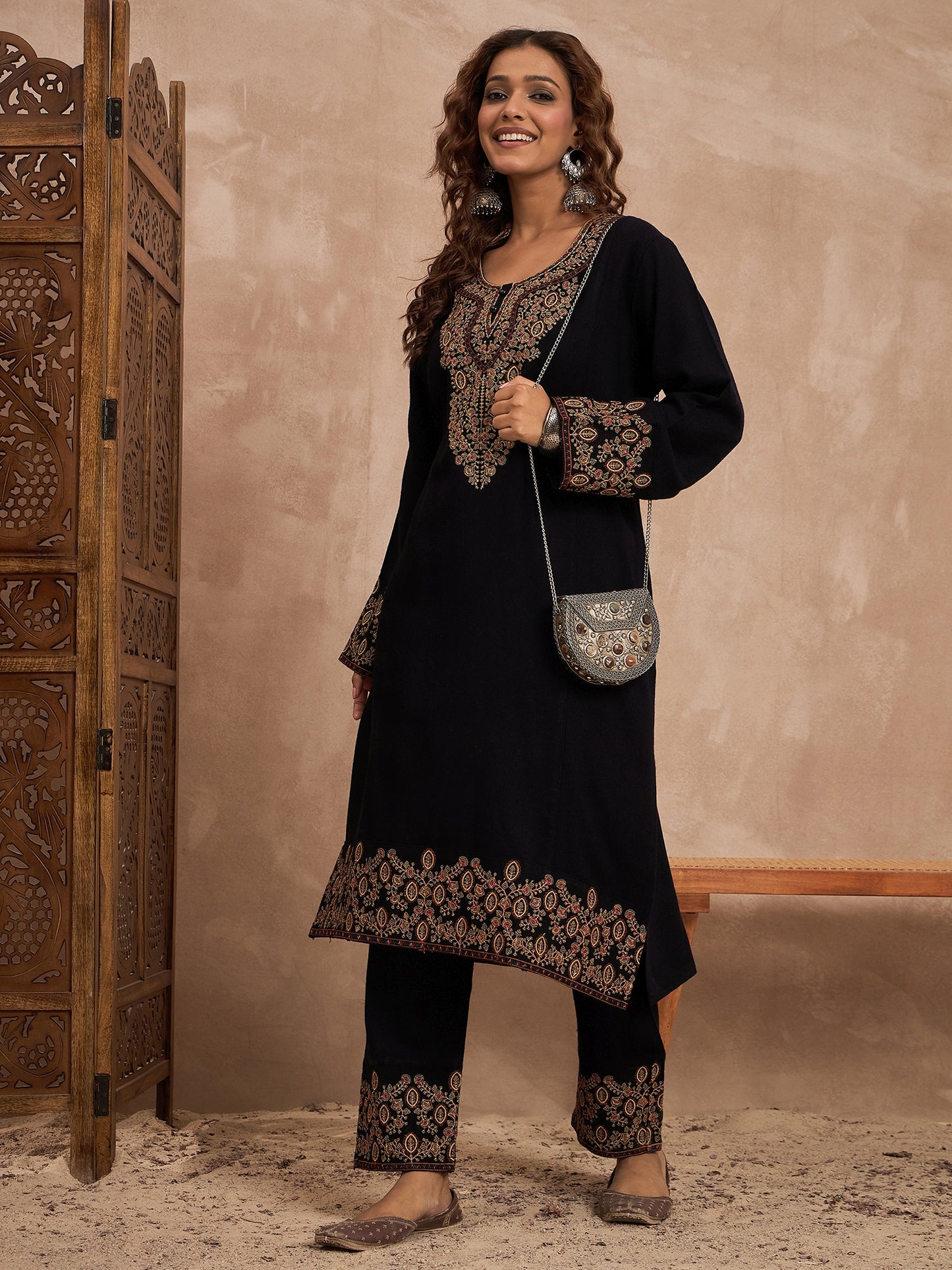 Woolen Embroidered 2-piece winter wear Kurti & Pant Set Black