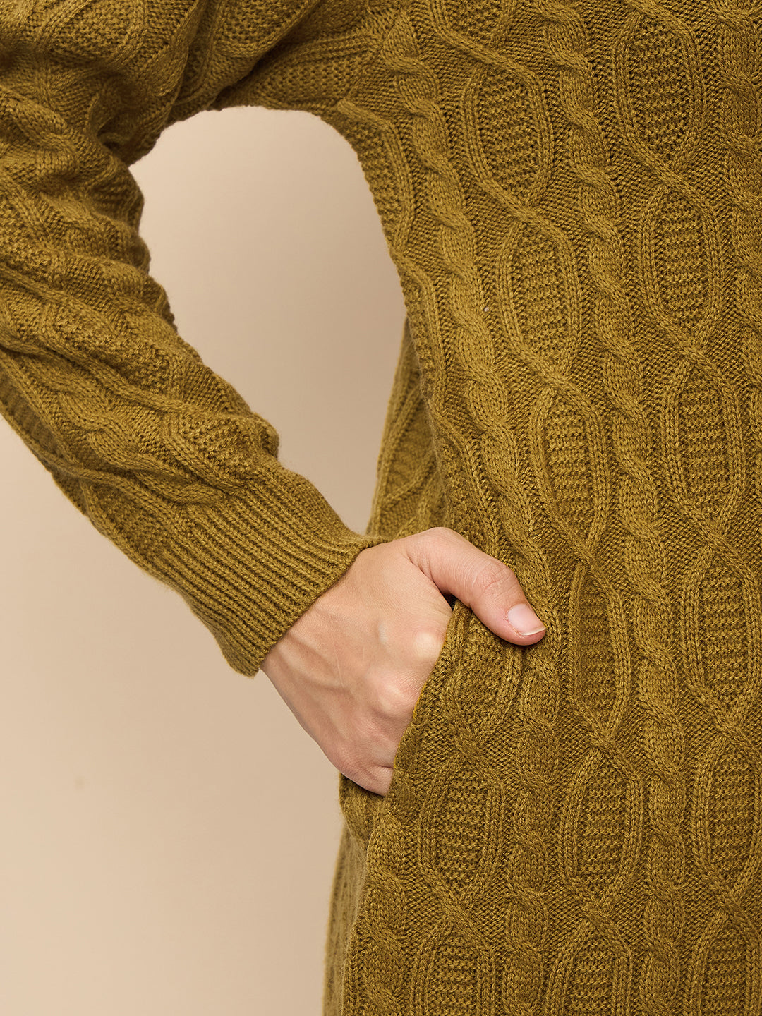 Clapton High Neck Cable Knitted Woolen Dress Gold