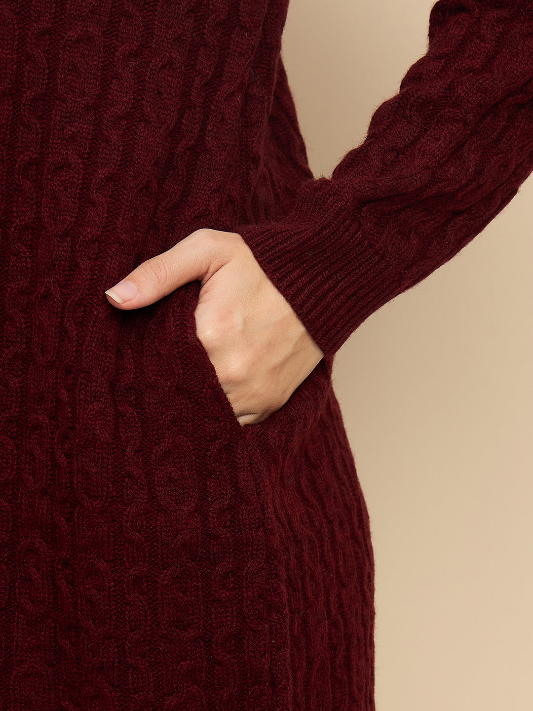 Clapton High Neck Cable Knitted Woolen Dress Maroon