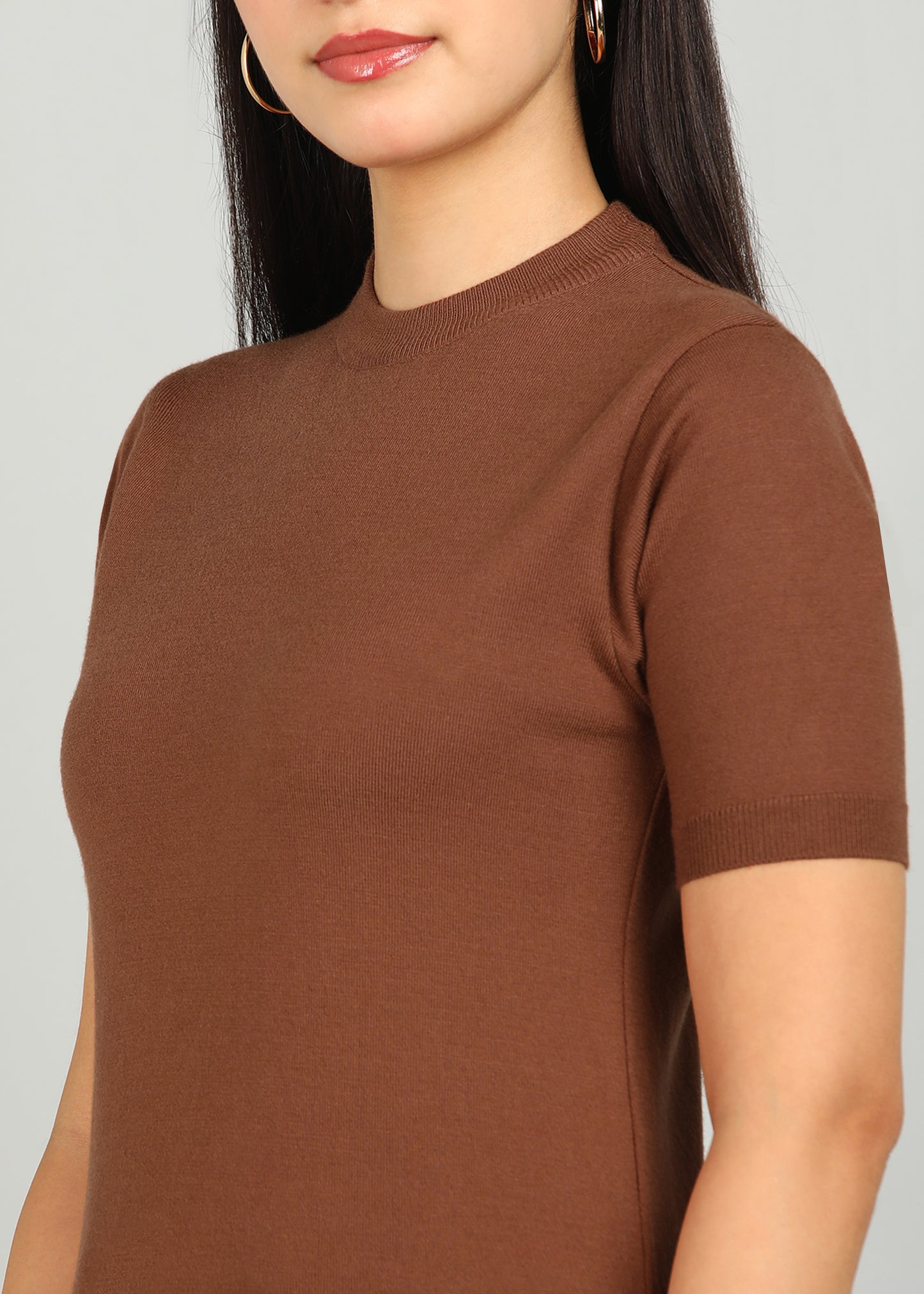 Women Solid Color Round Neck Half Sleeve Viscose T-Shirt Brown