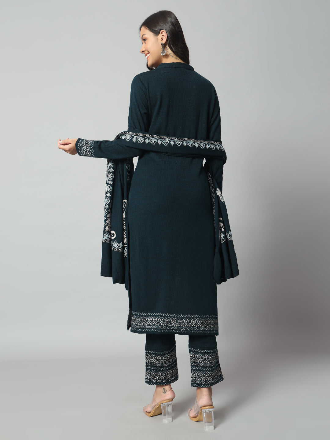 Clapton Pure Wool Winter Wear Embroidered Straight Kurta Pant With Dupatta Set Green