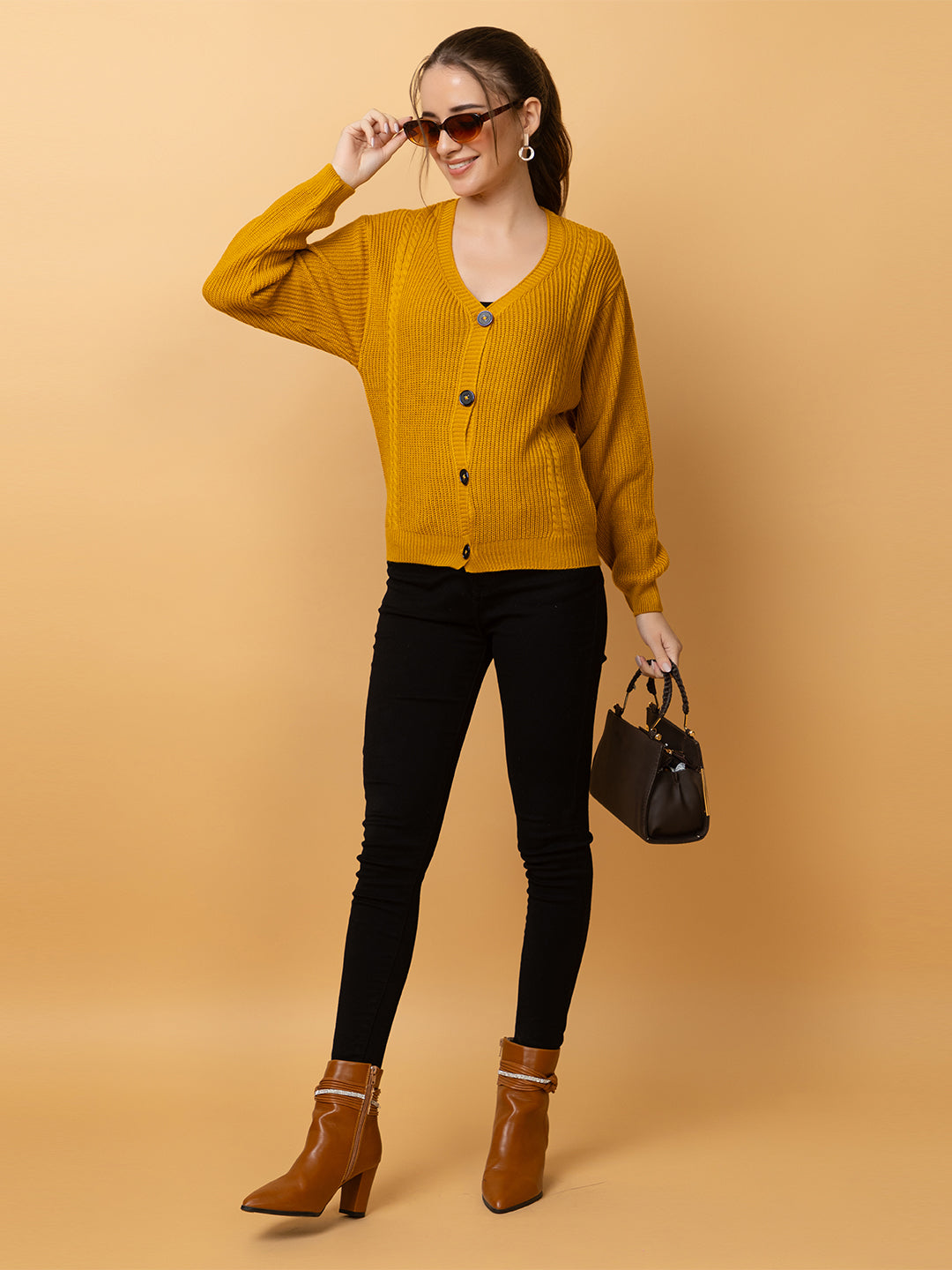 Clapton Women Mustard Self Knitted Cardigan