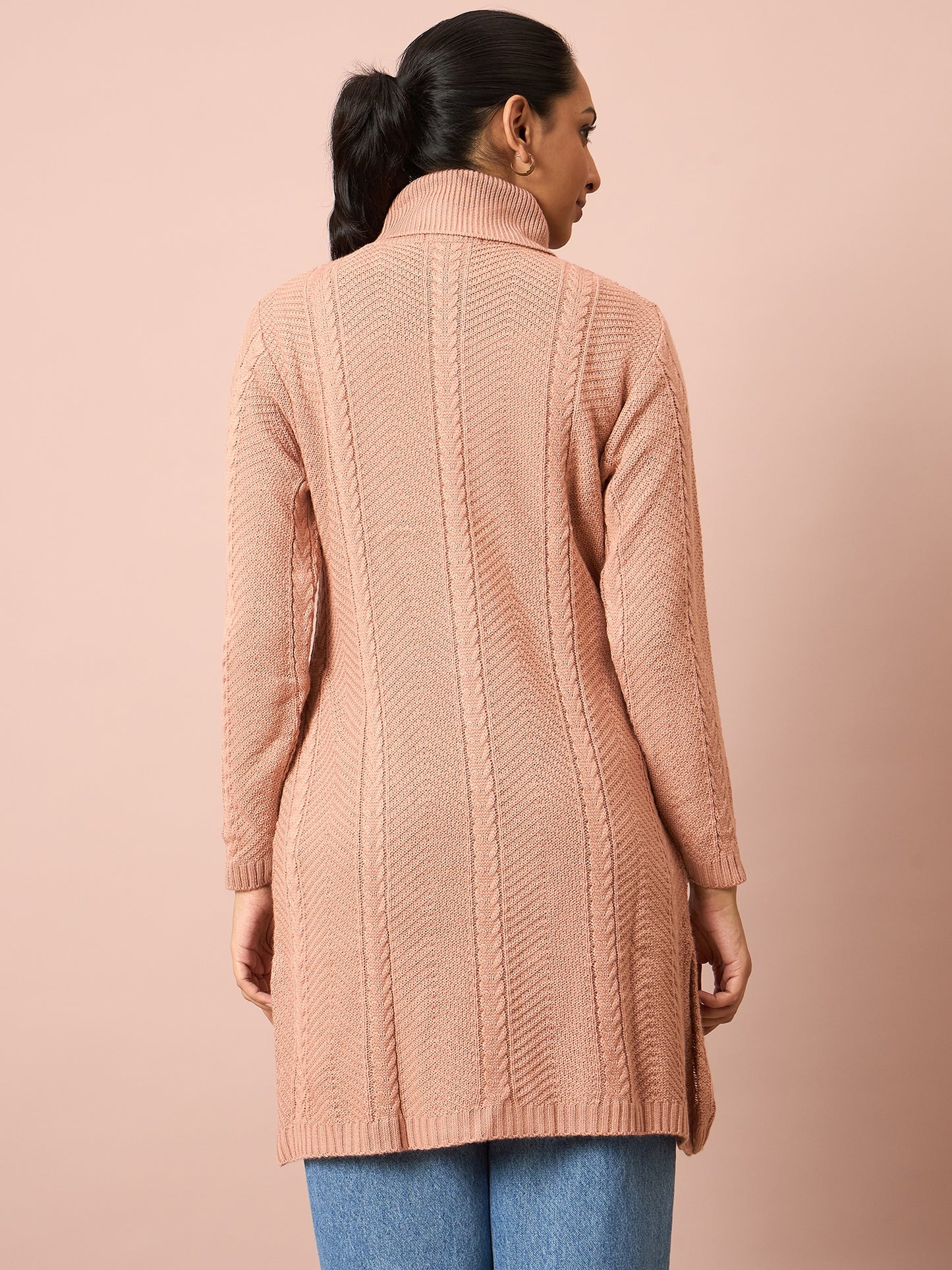 Clapton Cable Knitted Wool Winter Wear Women’S Long Cardigan Peach
