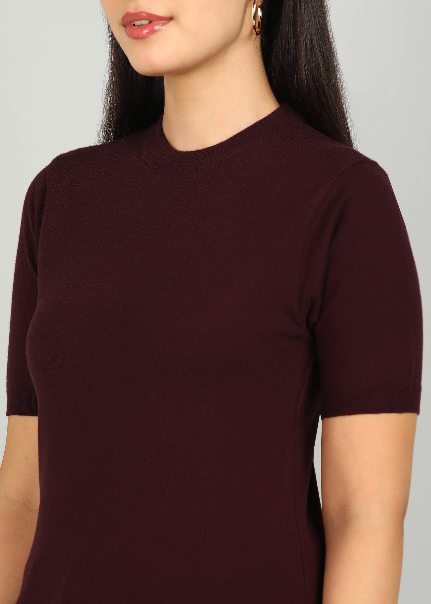 Women Solid Color Round Neck Half Sleeve Viscose T-Shirt Wine
