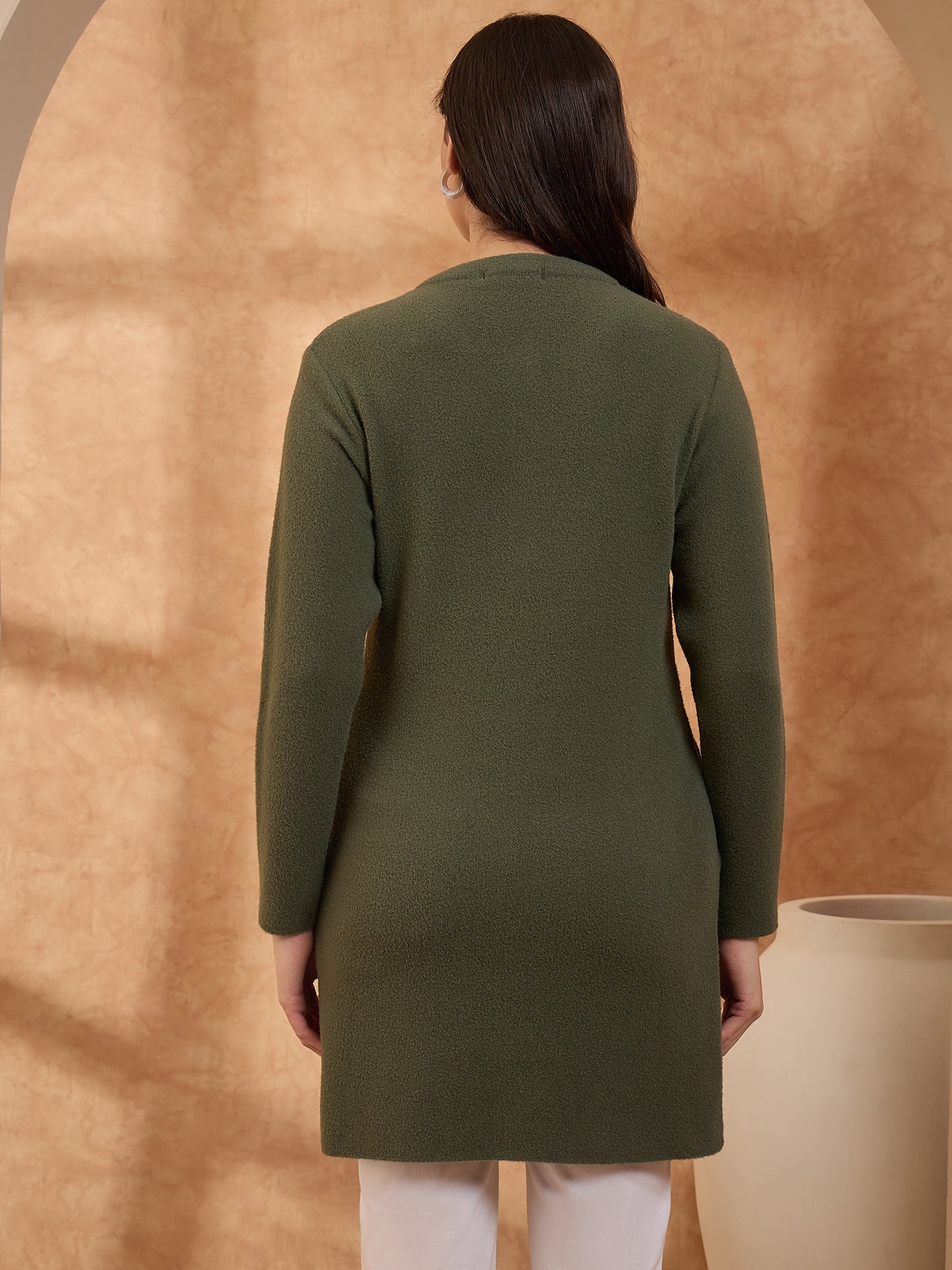Women’s Longline Full-Sleeve Button-Front Cardigan Green