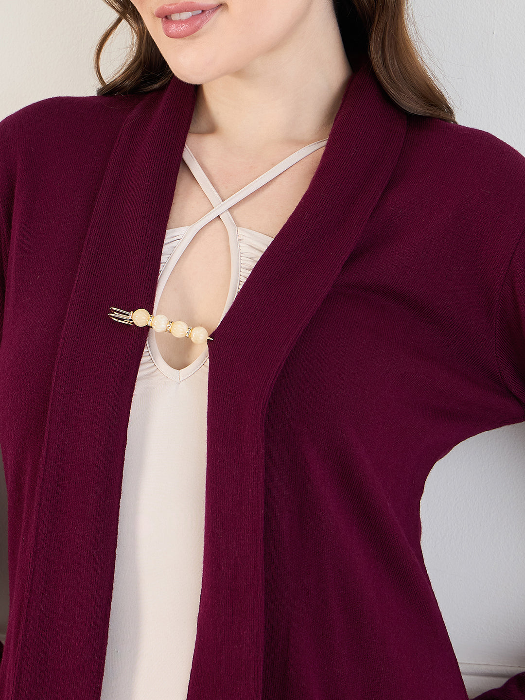 Women's Mahroon open neck long Sleeves, Knitted Winter Wear Shrug