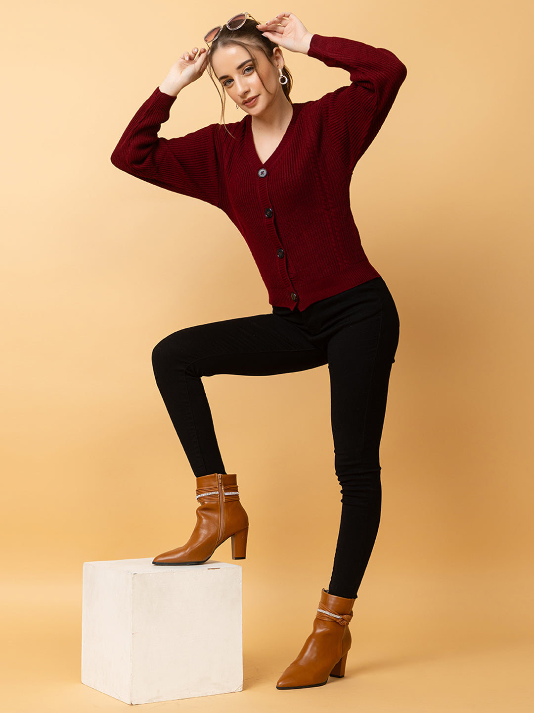 Clapton Women Maroon Self Knitted Cardigan