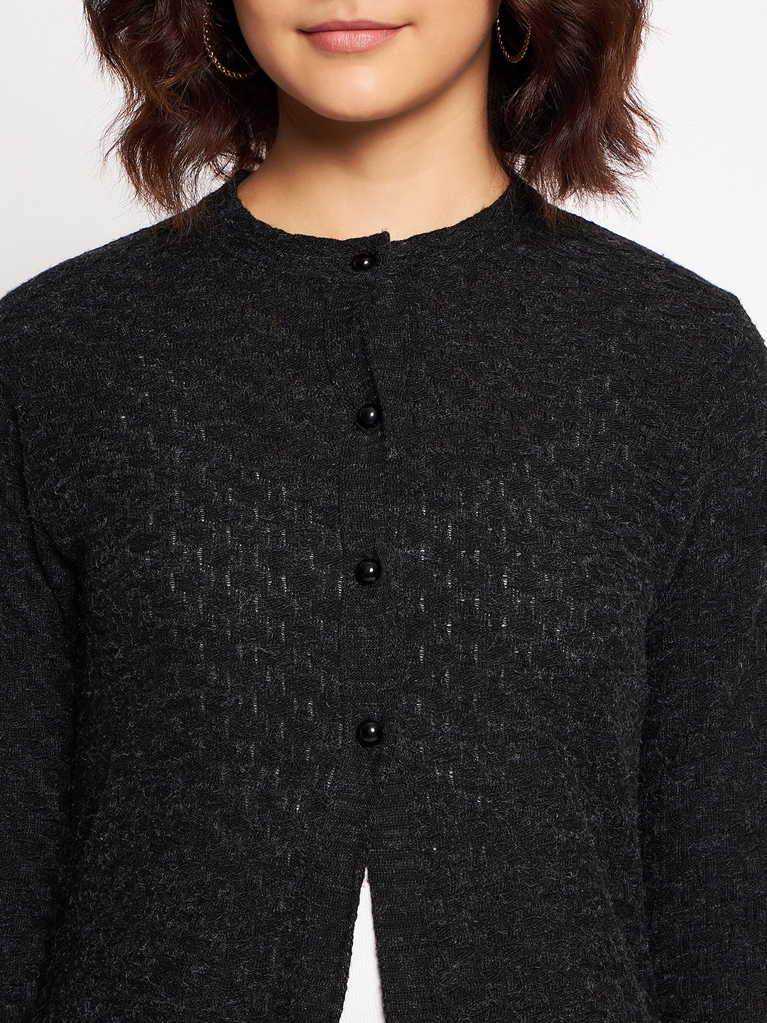 Wool Blend Round Neck Black Long Shrug