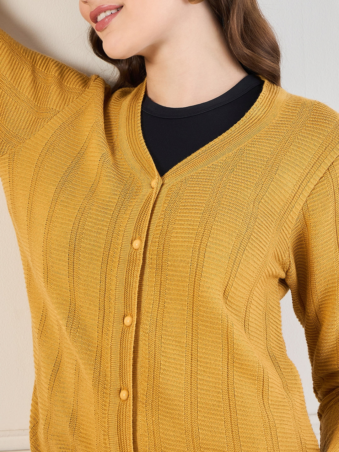 Wool Blend Round Neck cardigan Mustard