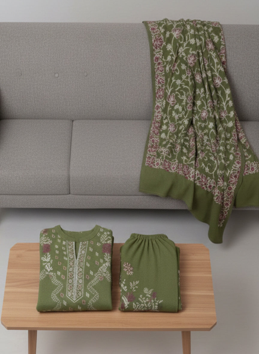 Clapton Embroidered wool blends for winter wear Straight-fit kurta with trousers and a dupatta (shawl) Green