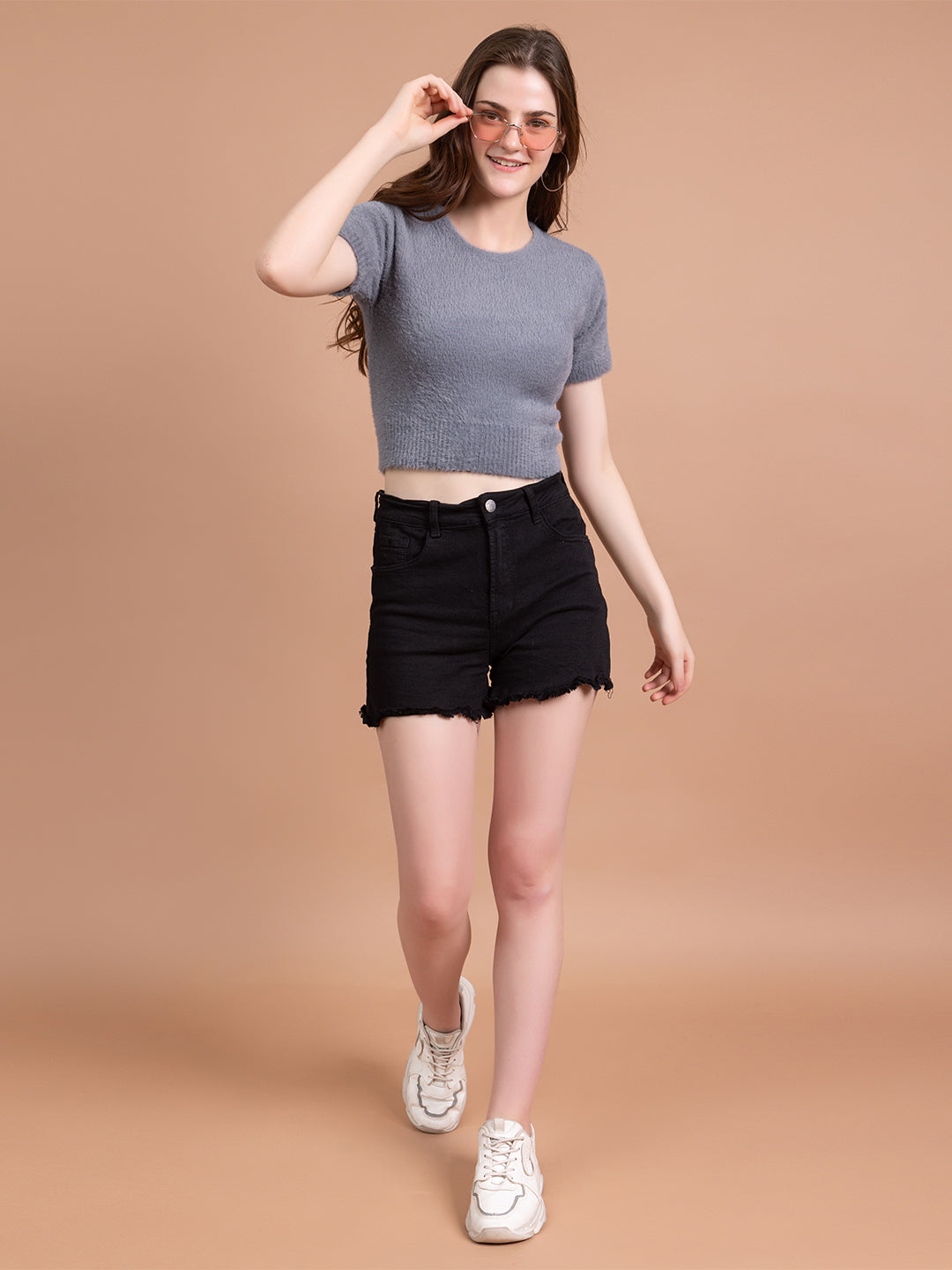 Clapton Short-Sleeve Fuzzy Knit Crop Top Pullover Blouse Top for Women Girls Grey