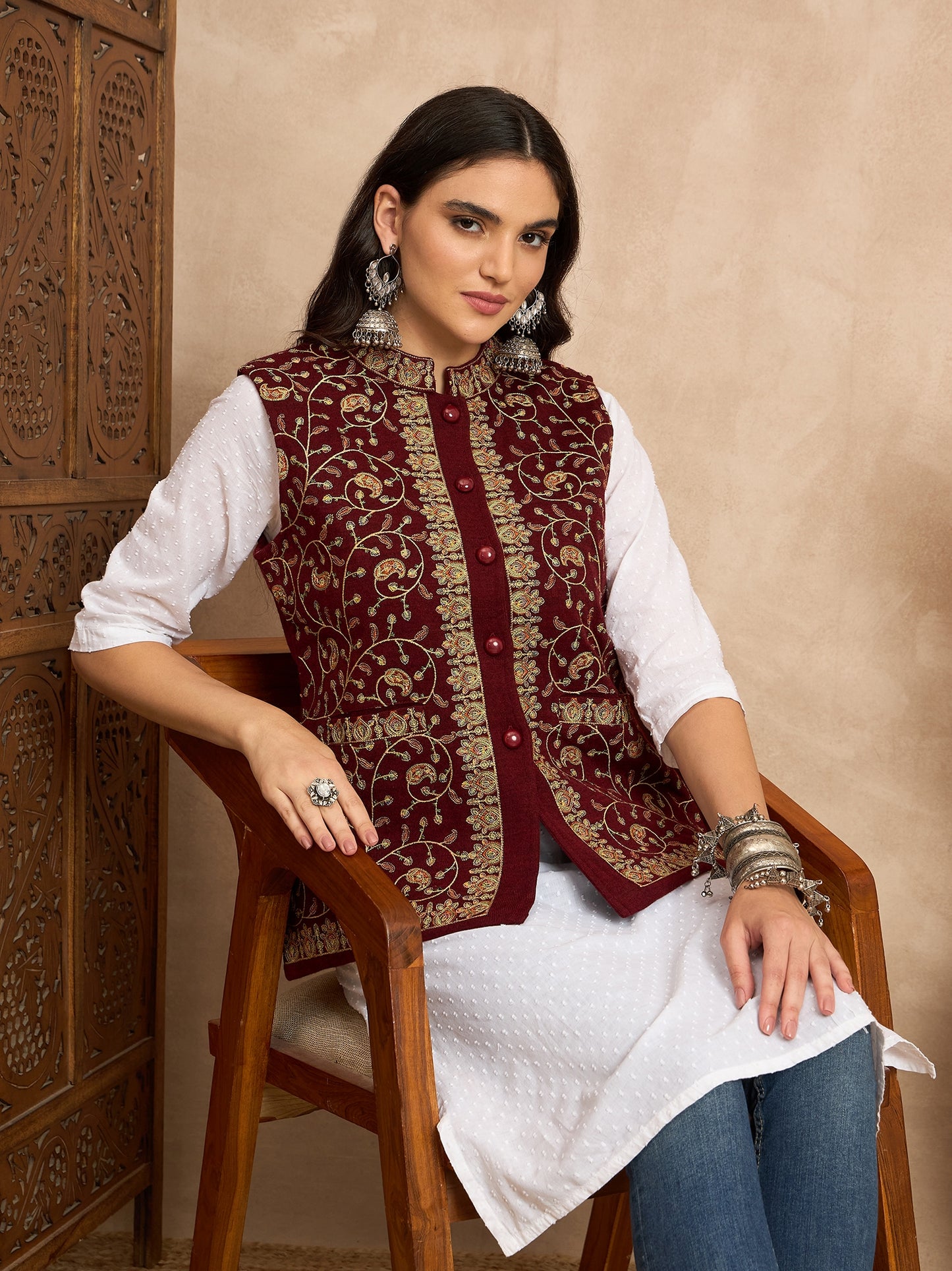 CLAPTON EMBROIDERY SLEEVELESS MEHROON BLAZER FOR WOMEN