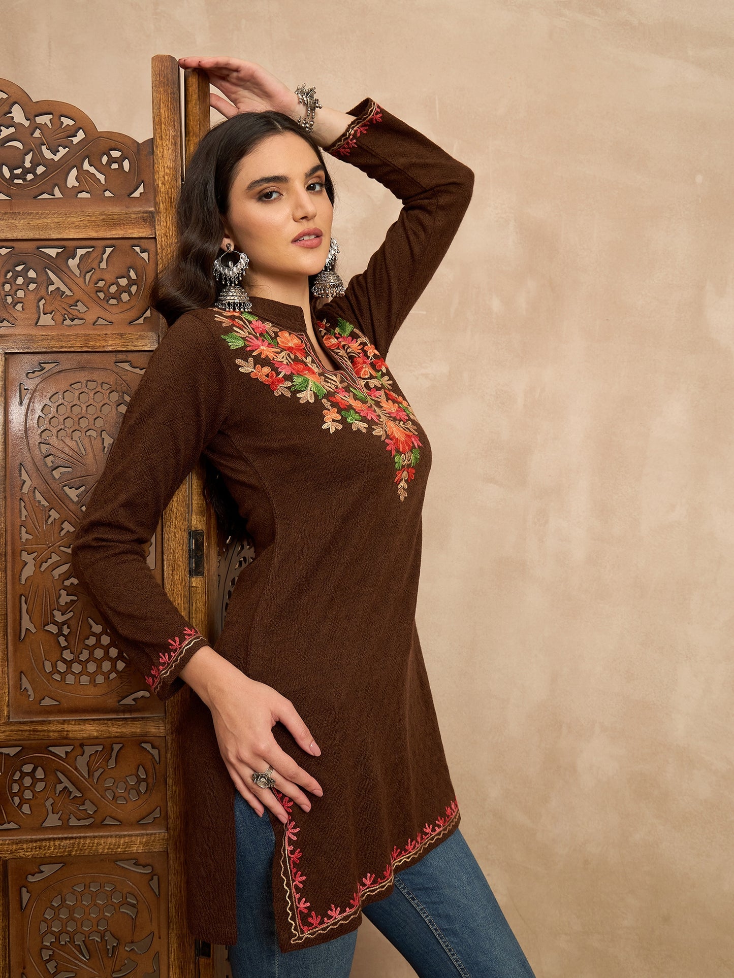 Women Multicolor Embroidered woolen Blend Kurta Maroon Winter Wear