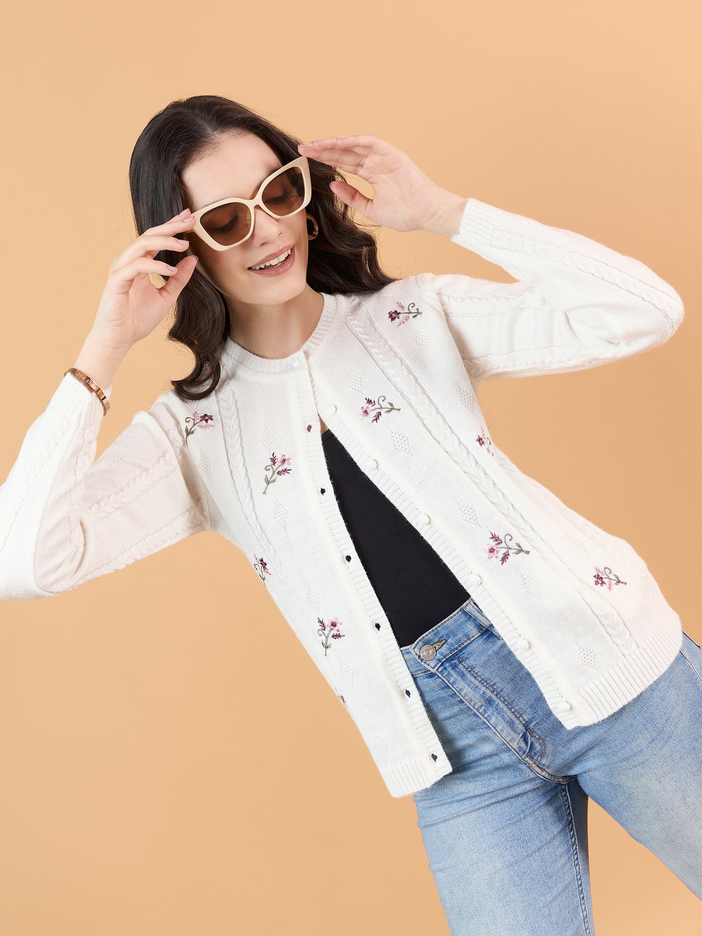 Clapton Floral Embroidered Full Sleeve Cardigan Sweaters for Women Girls White