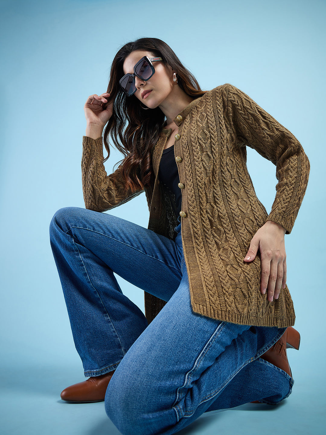 Clapton Cable Knit Design Woolen Longline Cardigan Sweater for women and Girls Brown