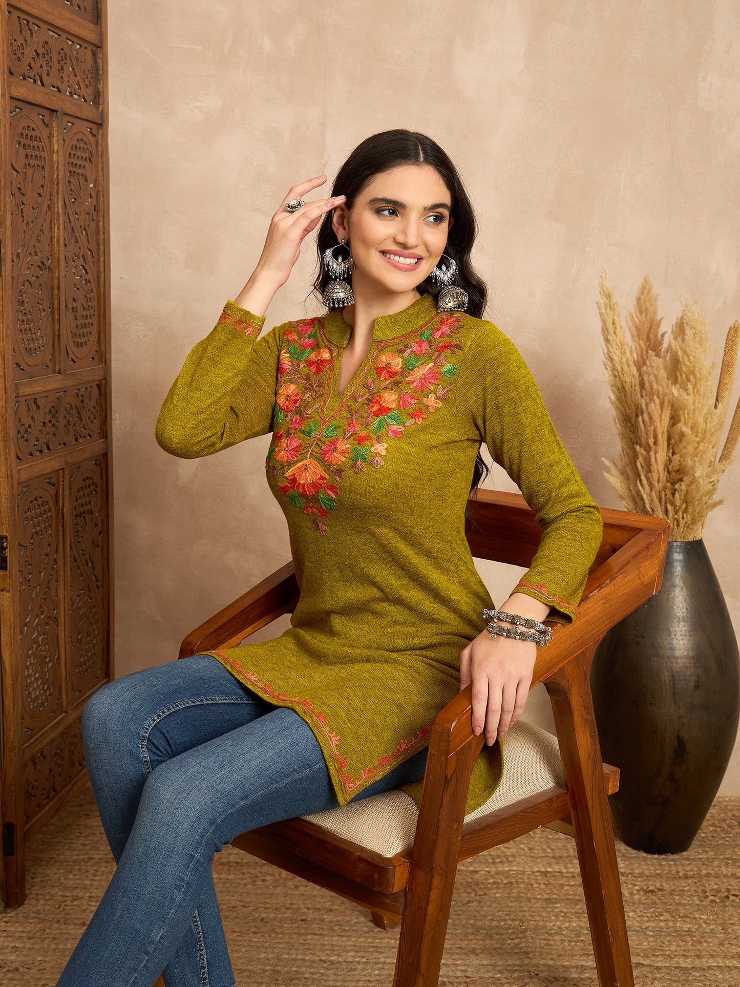 Women Multicolor Embroidered woolen Blend Kurta Gold Winter Wear