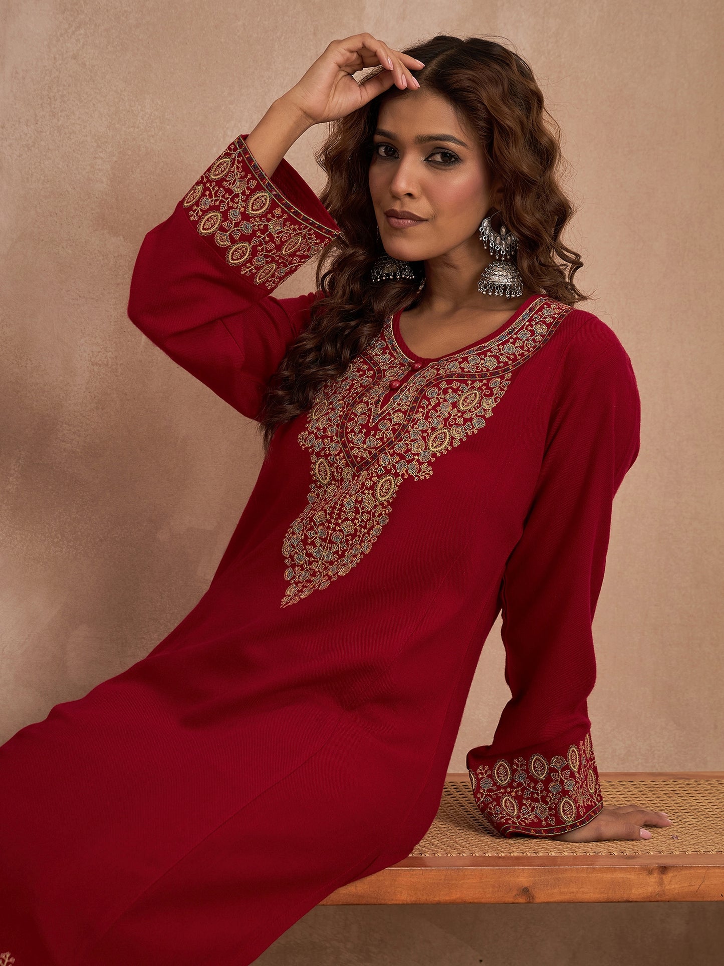 Woolen Embroidered 2-piece winter wear Kurti & Pant Set Red
