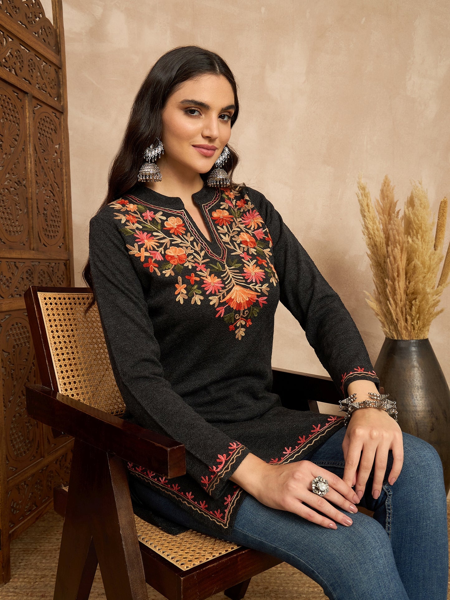 Women Multicolor Embroidered woolen Blend Kurta Mixture Winter Wear