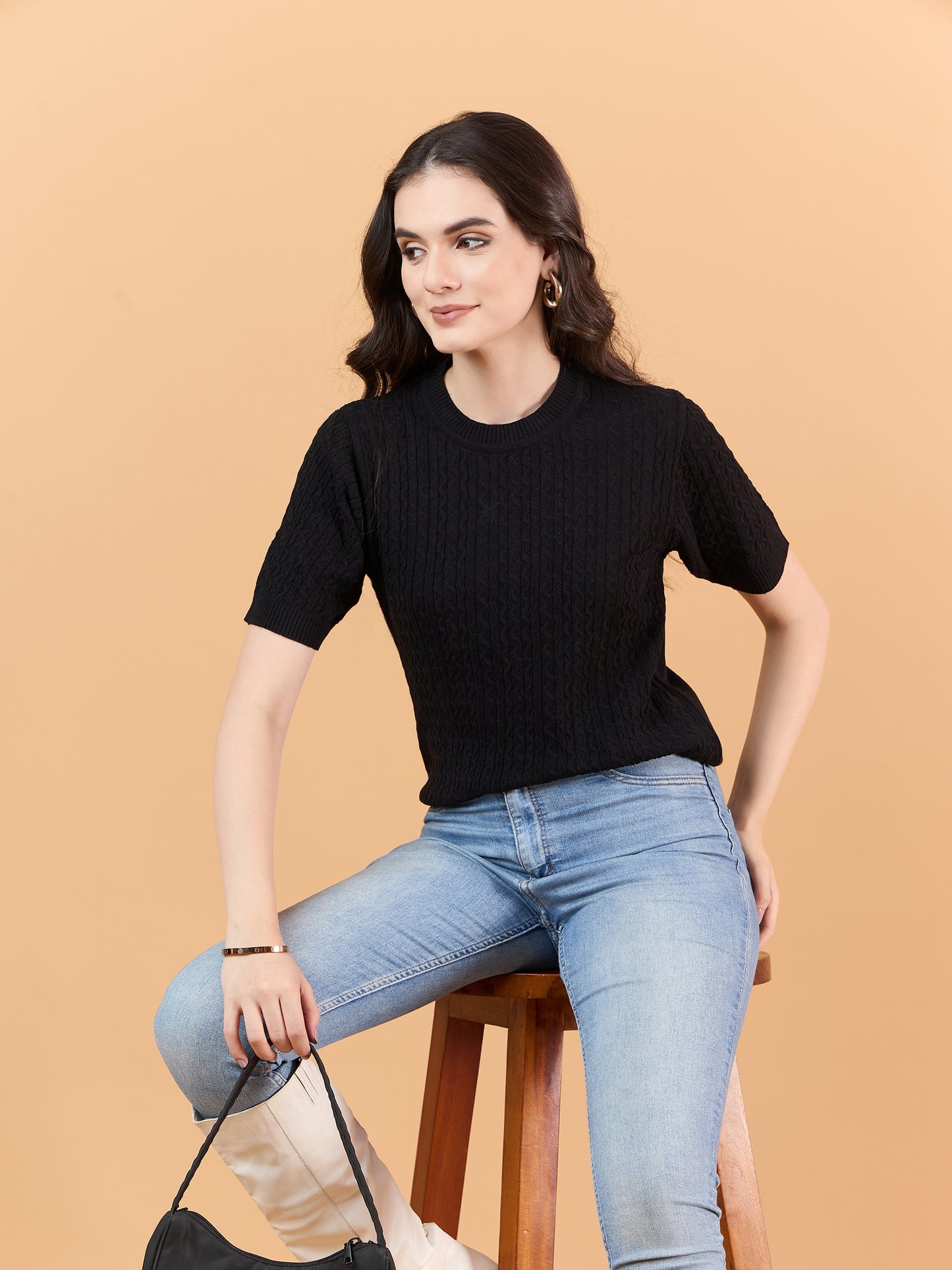 Ladies Short Sleeve Knitted cotton T Shirt solid Color Black