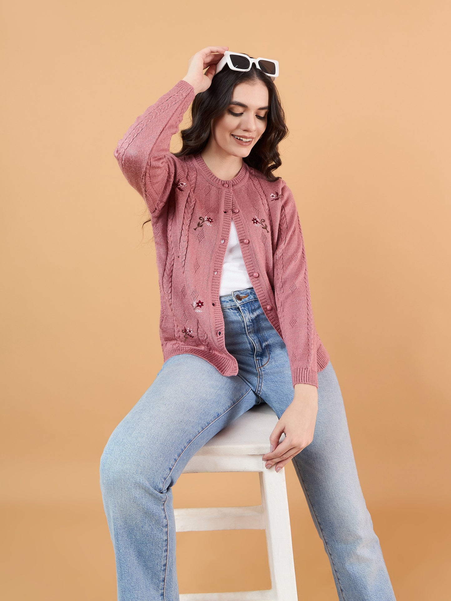 Clapton Floral Embroidered Full Sleeve Cardigan Sweaters for Women Girls Pink