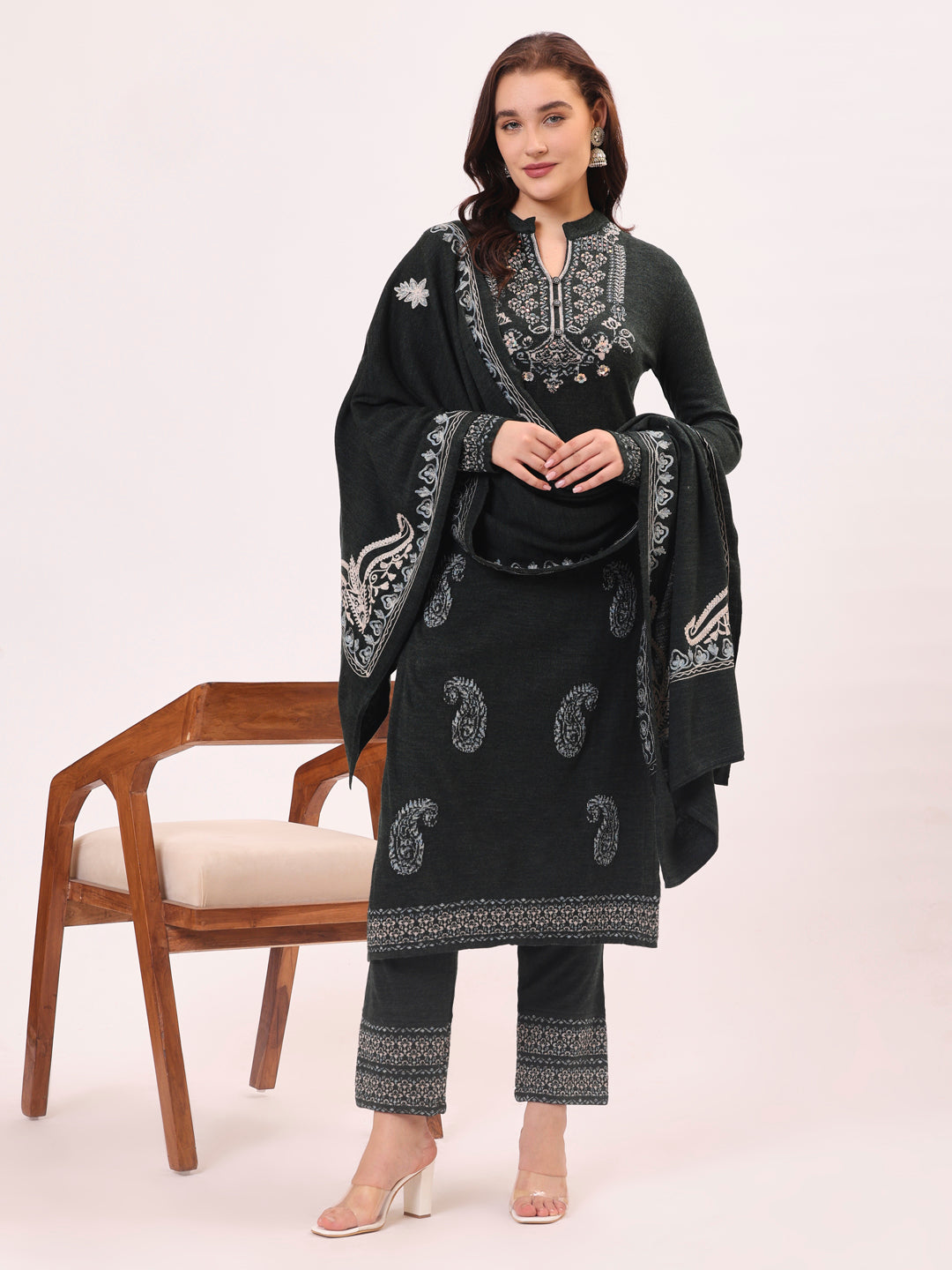 Clapton Pure Wool Winter Wear Embroidered Straight Kurta Pant With Dupatta Set Grey Mixture