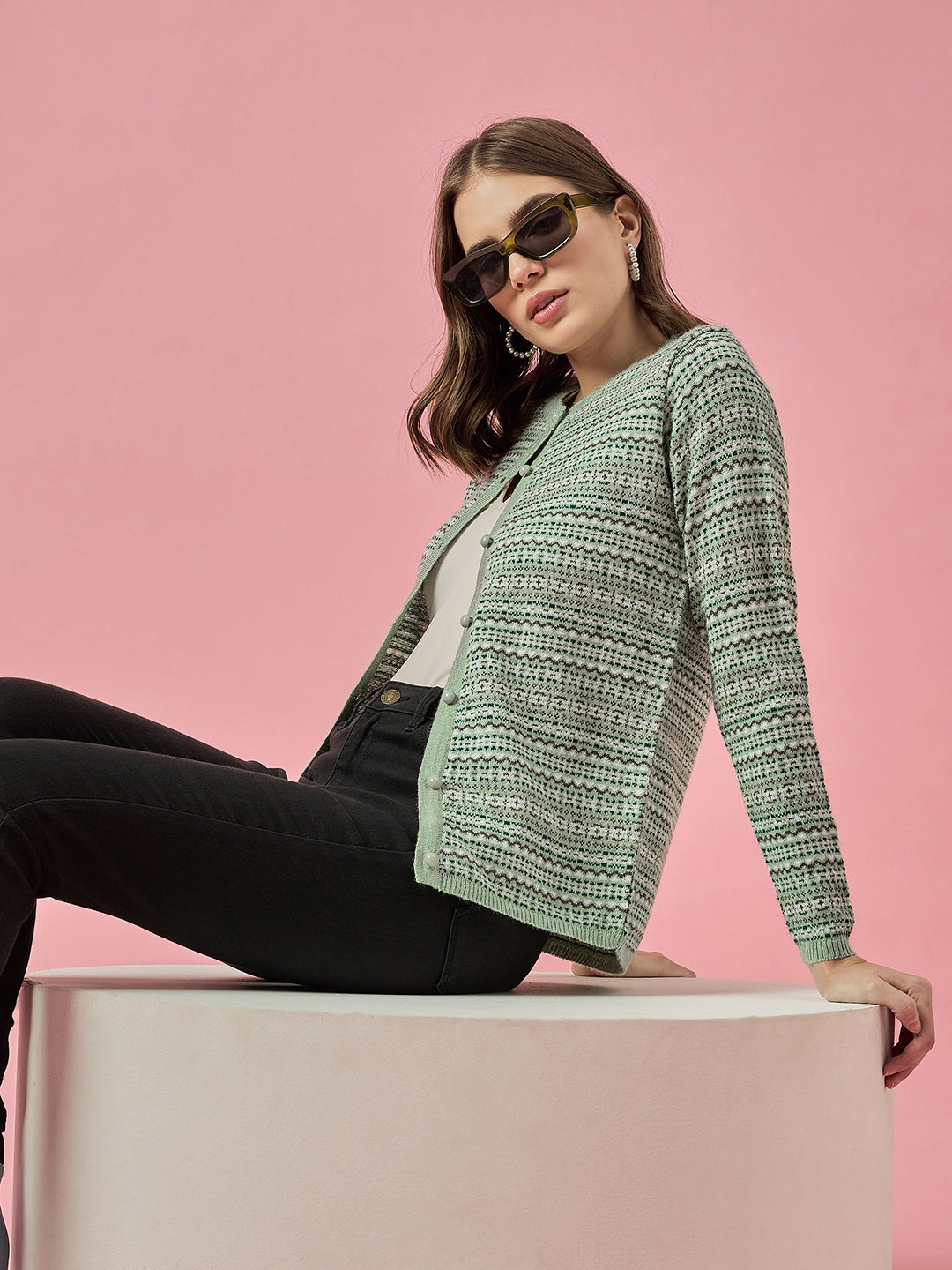 Women Pista Self Striped Round Neck Cardigan