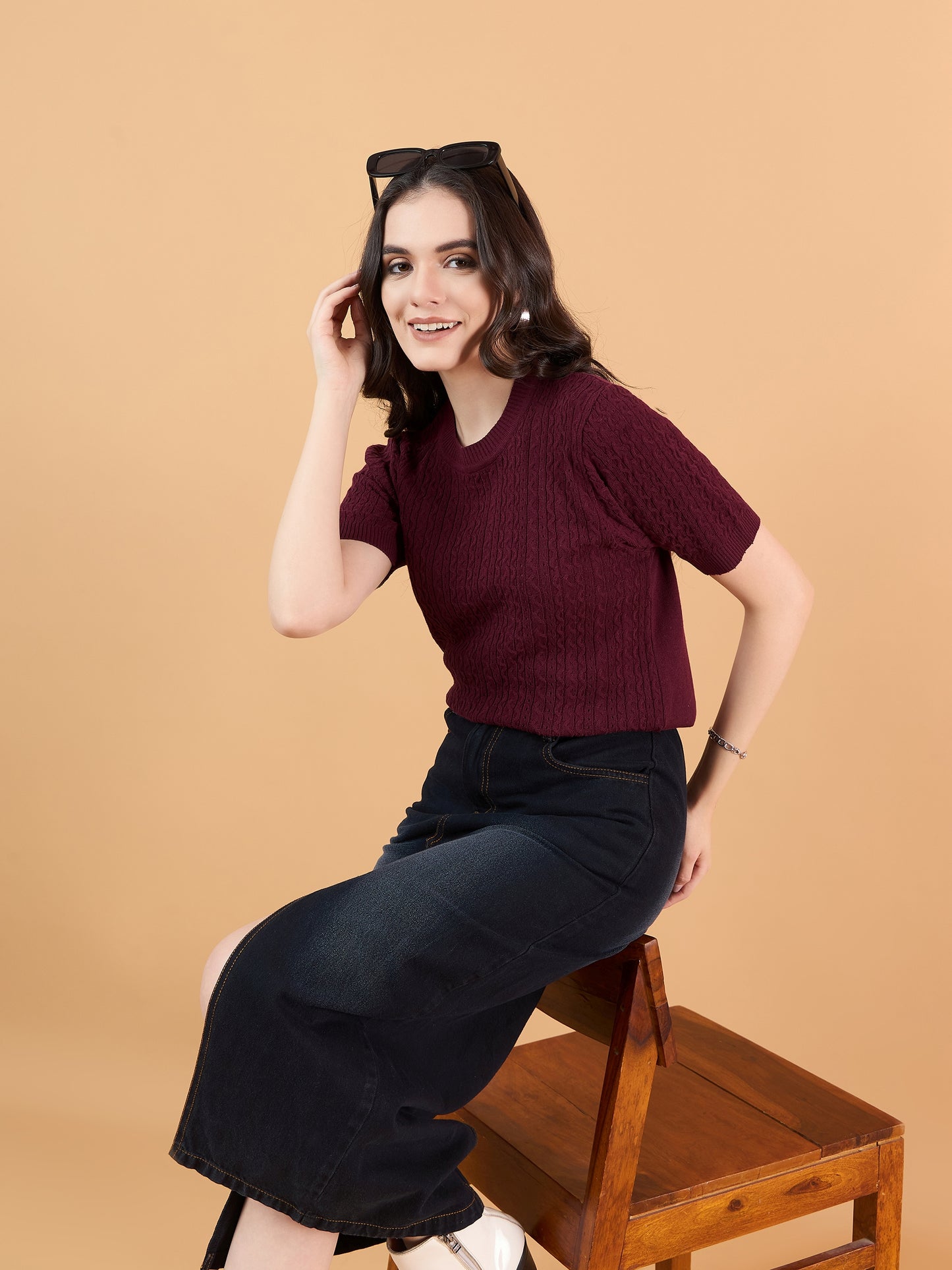 Ladies Short Sleeve Knitted cotton T Shirt solid Color maroon