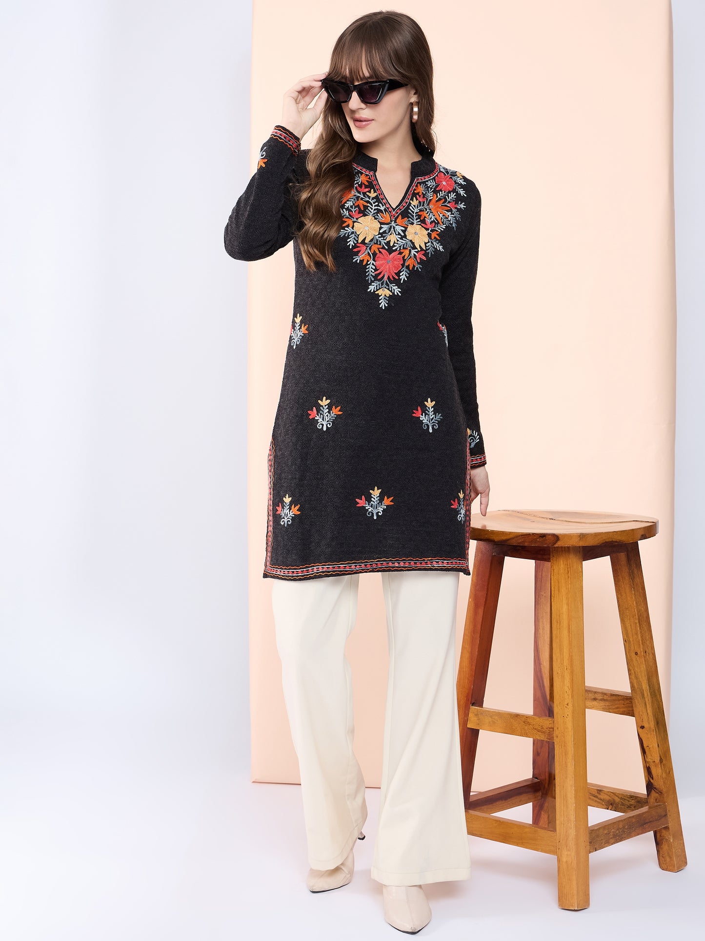 Women Multicolor Embroidered wool Blend Kurta Mixture Winter Wear