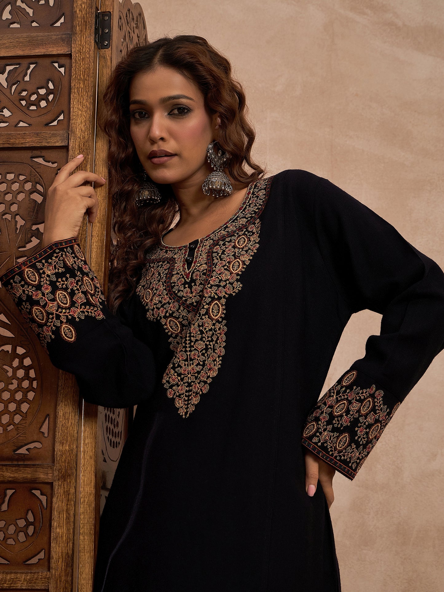 Woolen Embroidered 2-piece winter wear Kurti & Pant Set Black