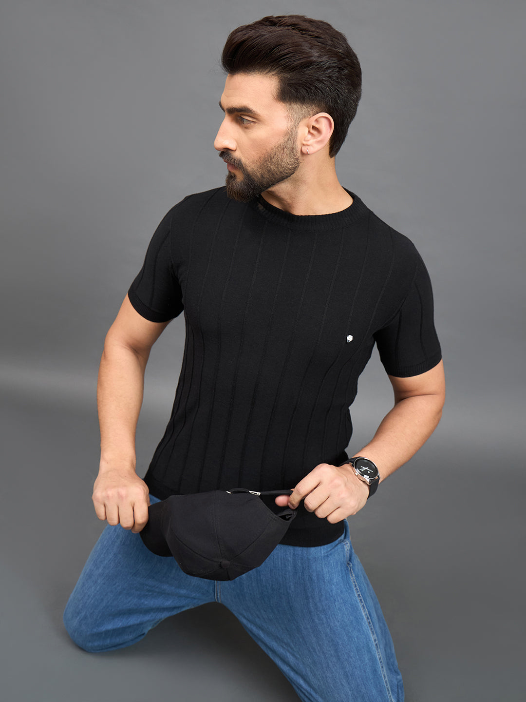 CLAPTON Men Knitted Round Neck T-shirt Black