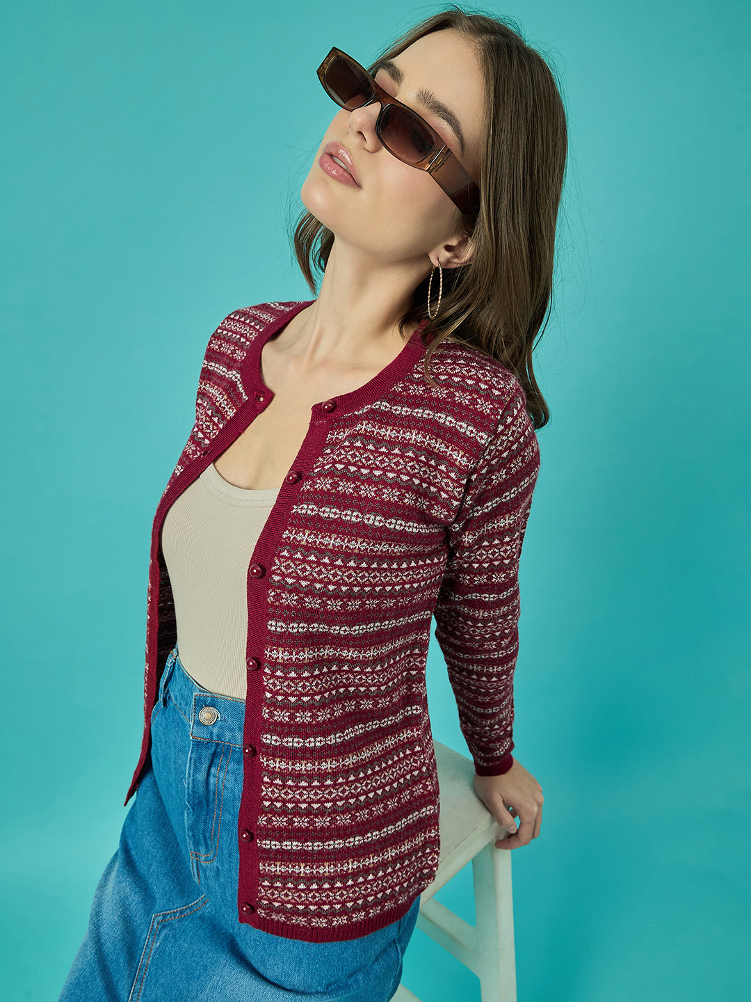 Women Mehroon Self Striped Round Neck Cardigan