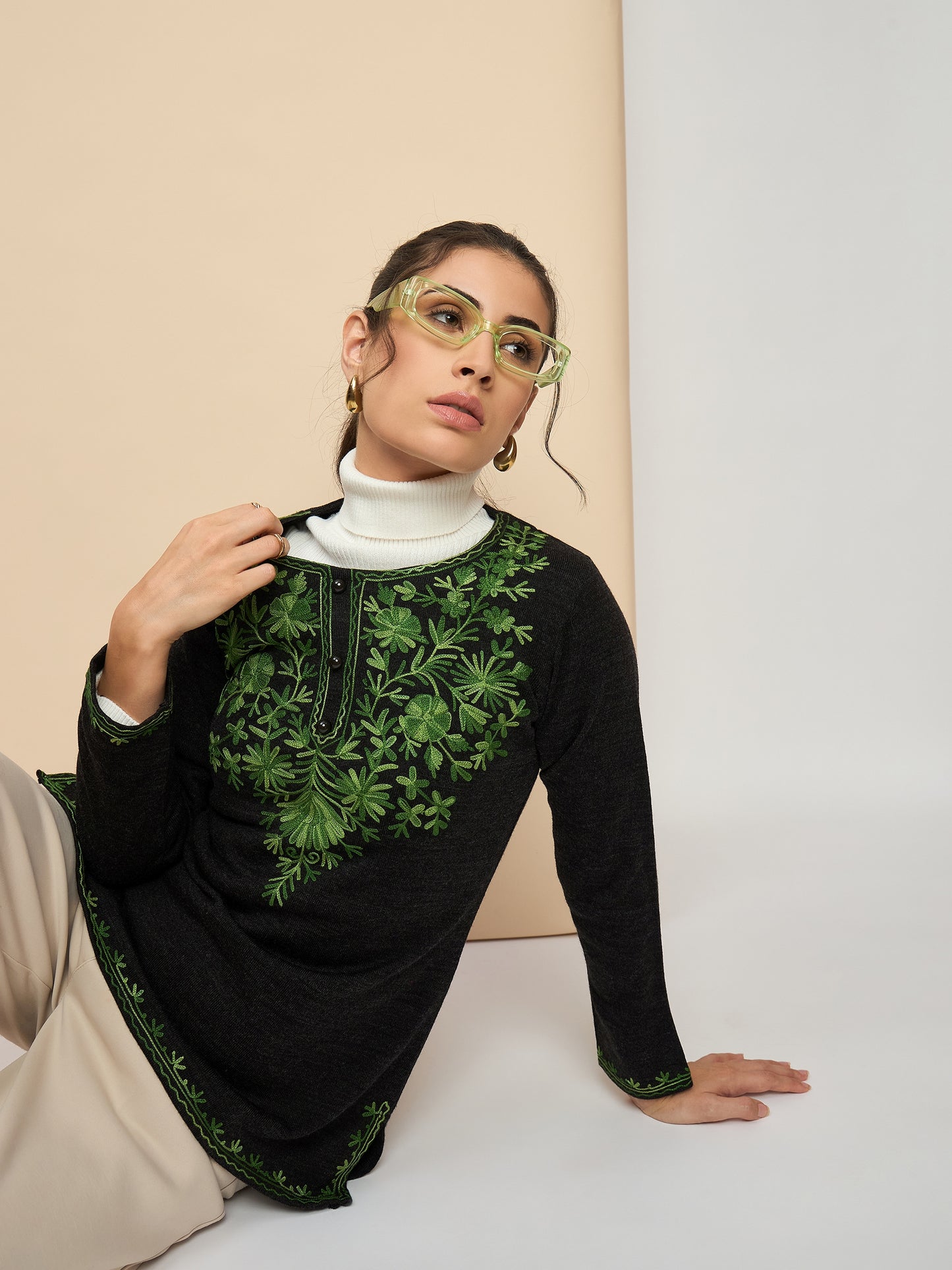 Women's Kurta with Green Floral Embroidery, Long Sleeves, winter wear Grey mixture