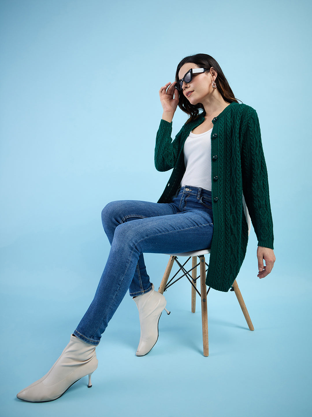 Clapton Cable Knit Design Woolen Longline Cardigan Sweater for women and Girls Green