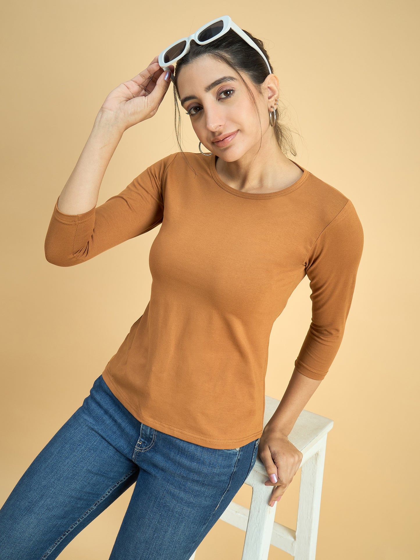 Clapton Crew Neck Tees Candy Cotton Lycra For Women Soild Tan Summer wear