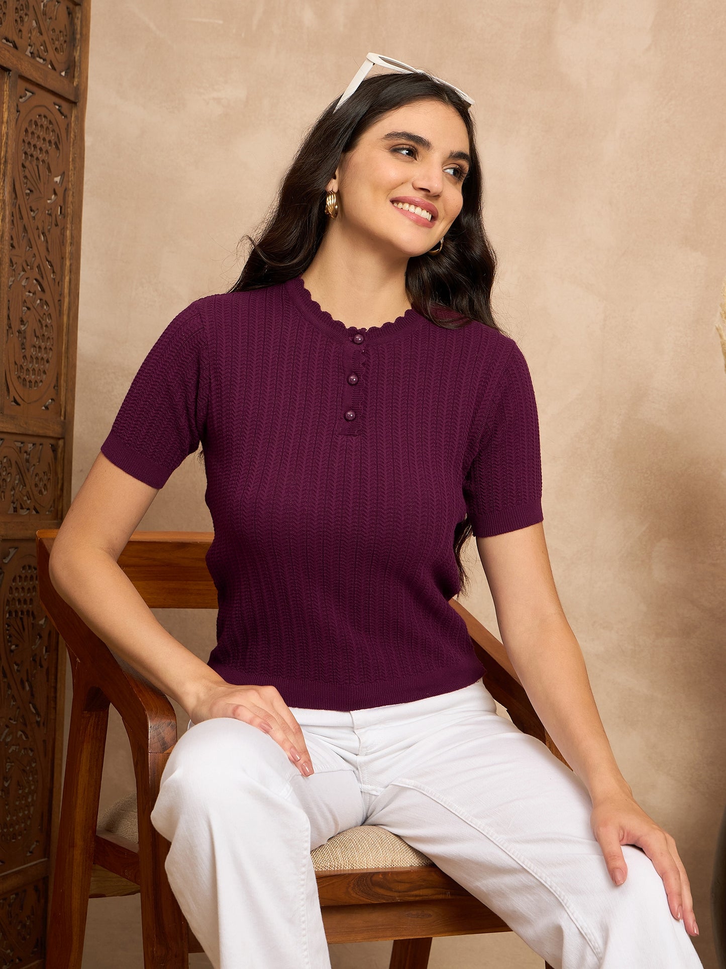 Clapton Women Knitted Round Neck T-shirt Purple -3105