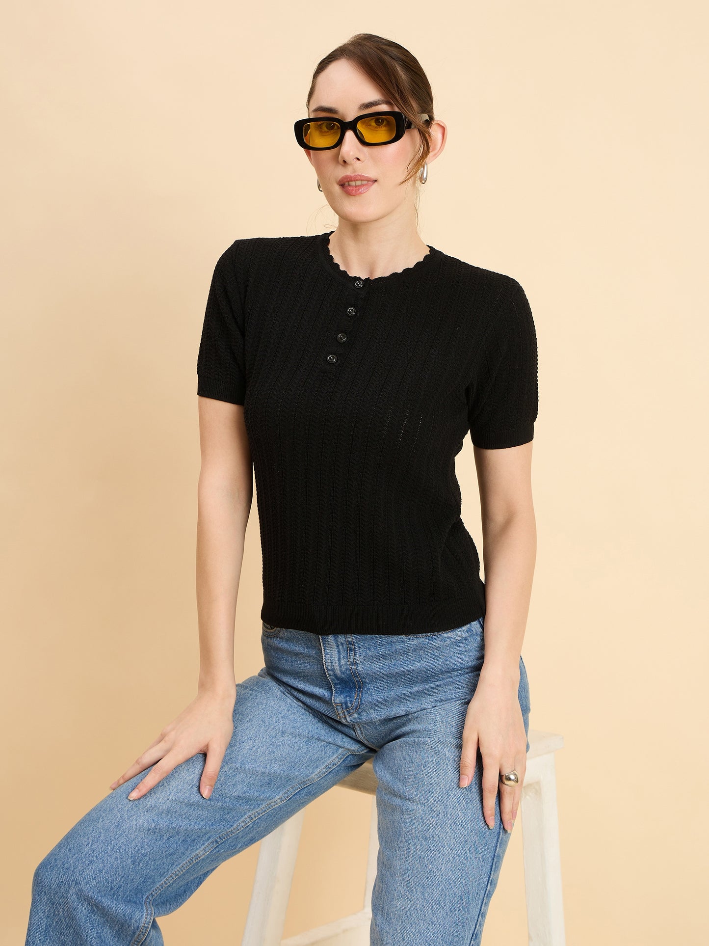 Clapton Women Knitted Round Neck T-shirt Black