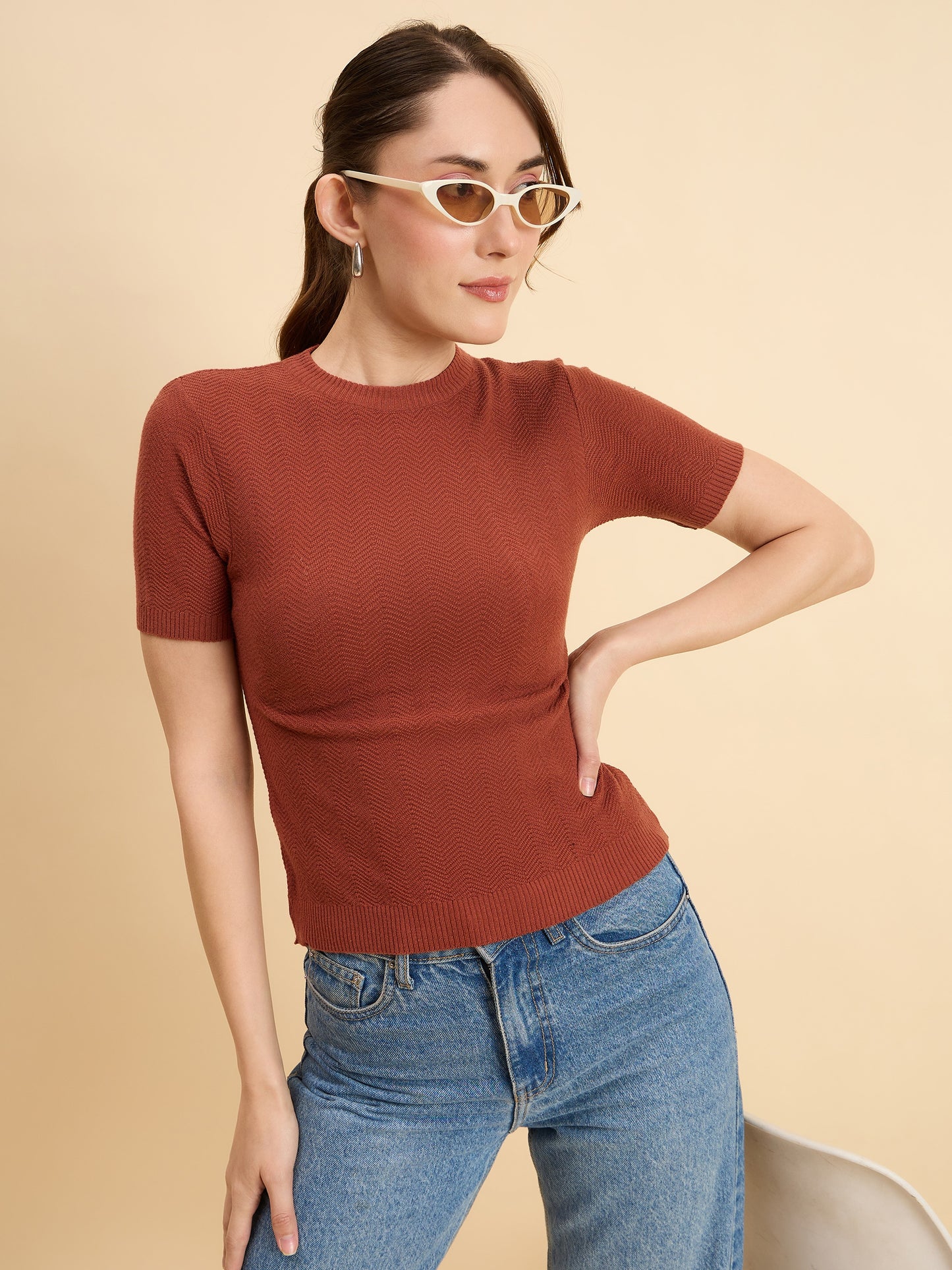 Clapton Women Knitted Round Neck T-shirt Rust