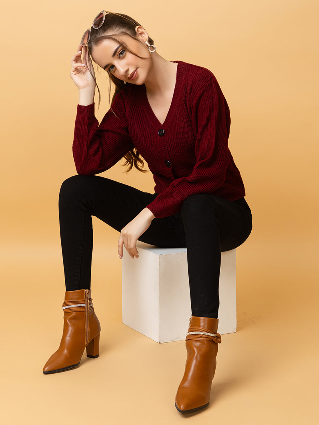 Clapton Women Maroon Self Knitted Cardigan