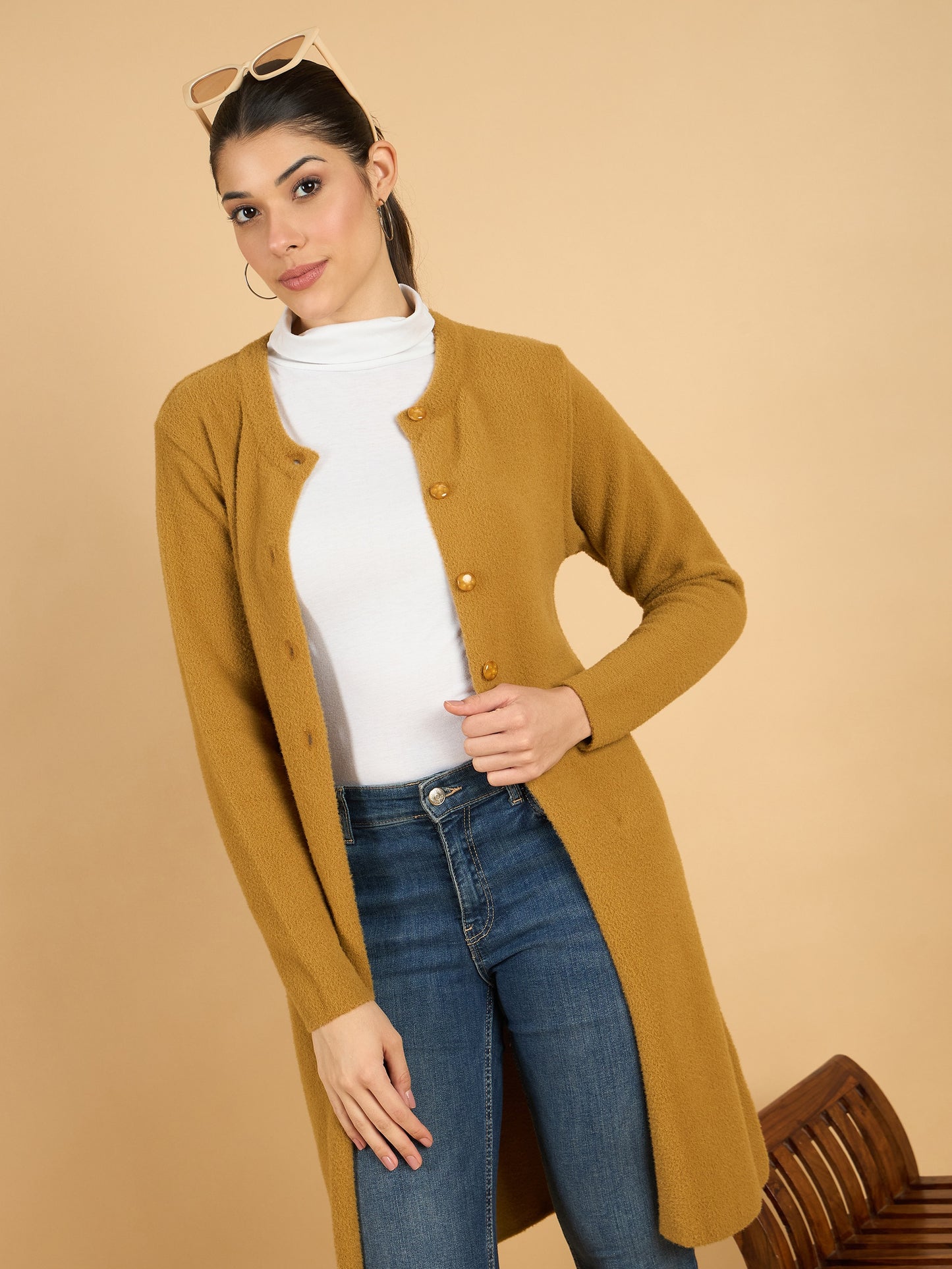 Golden long woolen Cardigan